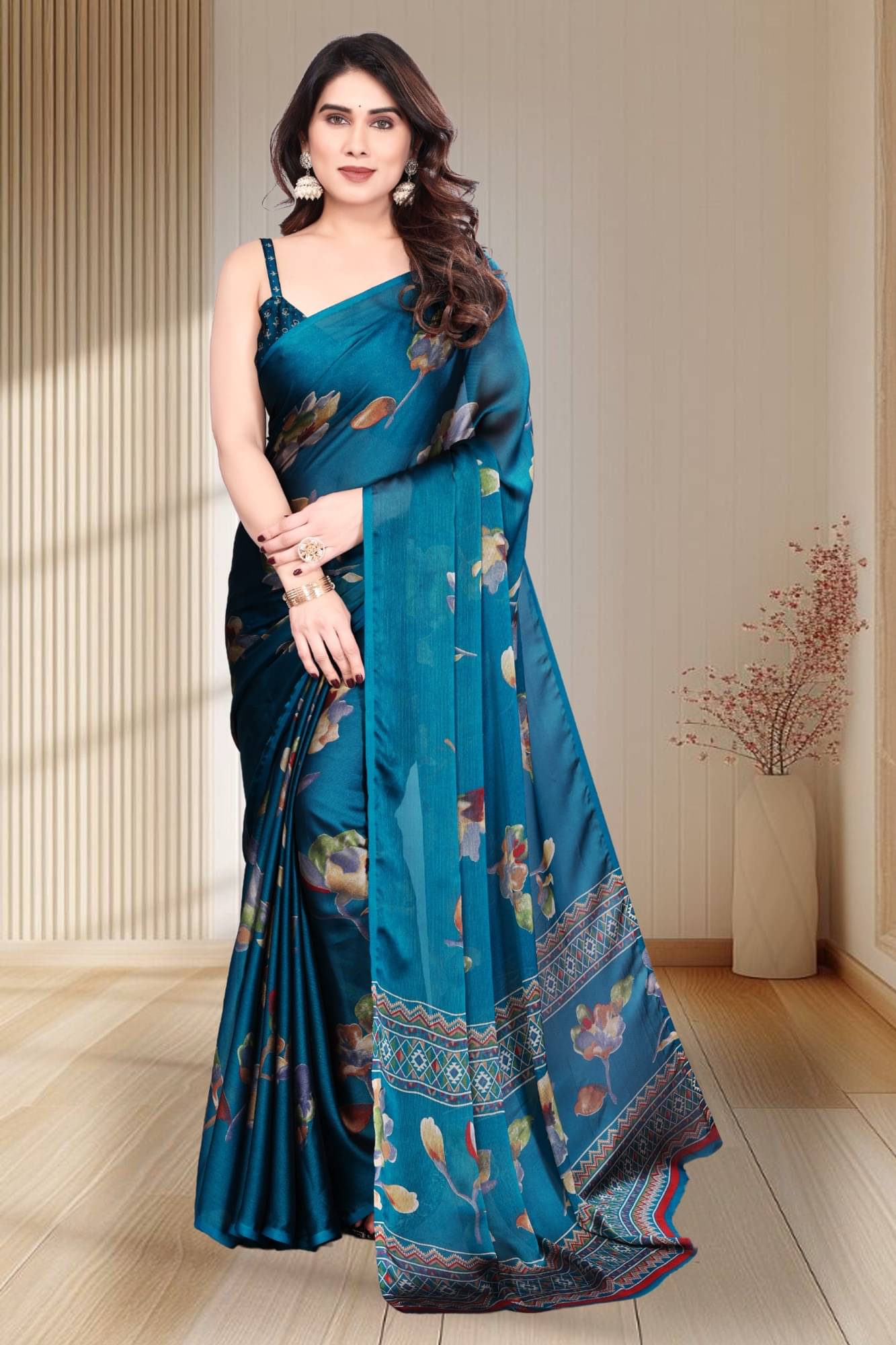 Magneitta Chiffon Printed Saree With Unstitched Blouse Piece ( Green ) Magneitta Chiffon Printed Saree With Unstitched Blouse Piece ( Green )