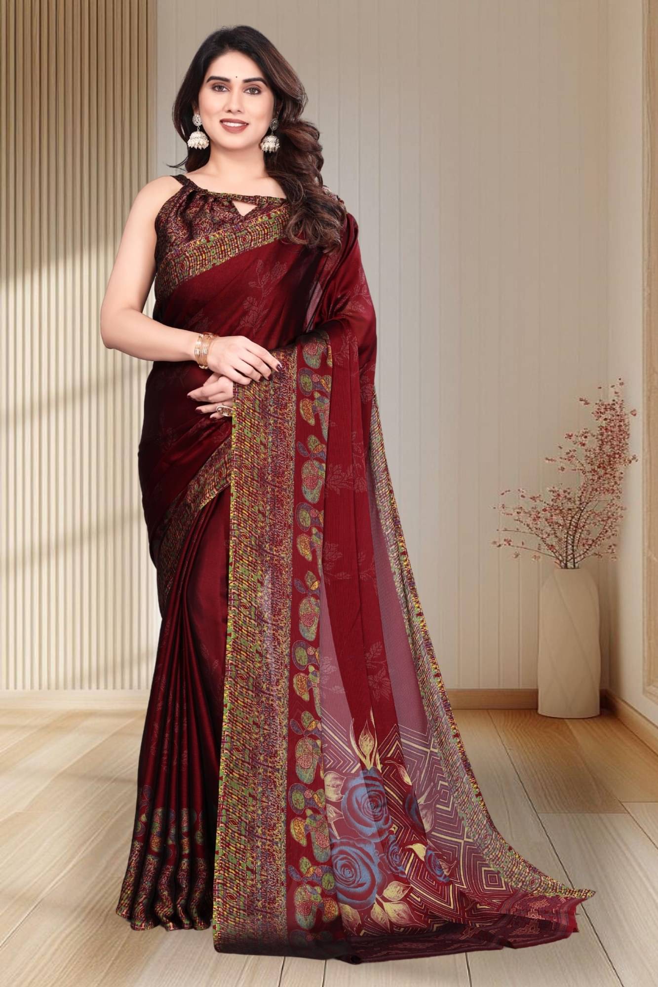 Magneitta Chiffon Printed Saree With Unstitched Blouse Piece ( Maroon ) Magneitta Chiffon Printed Saree With Unstitched Blouse Piece ( Maroon )