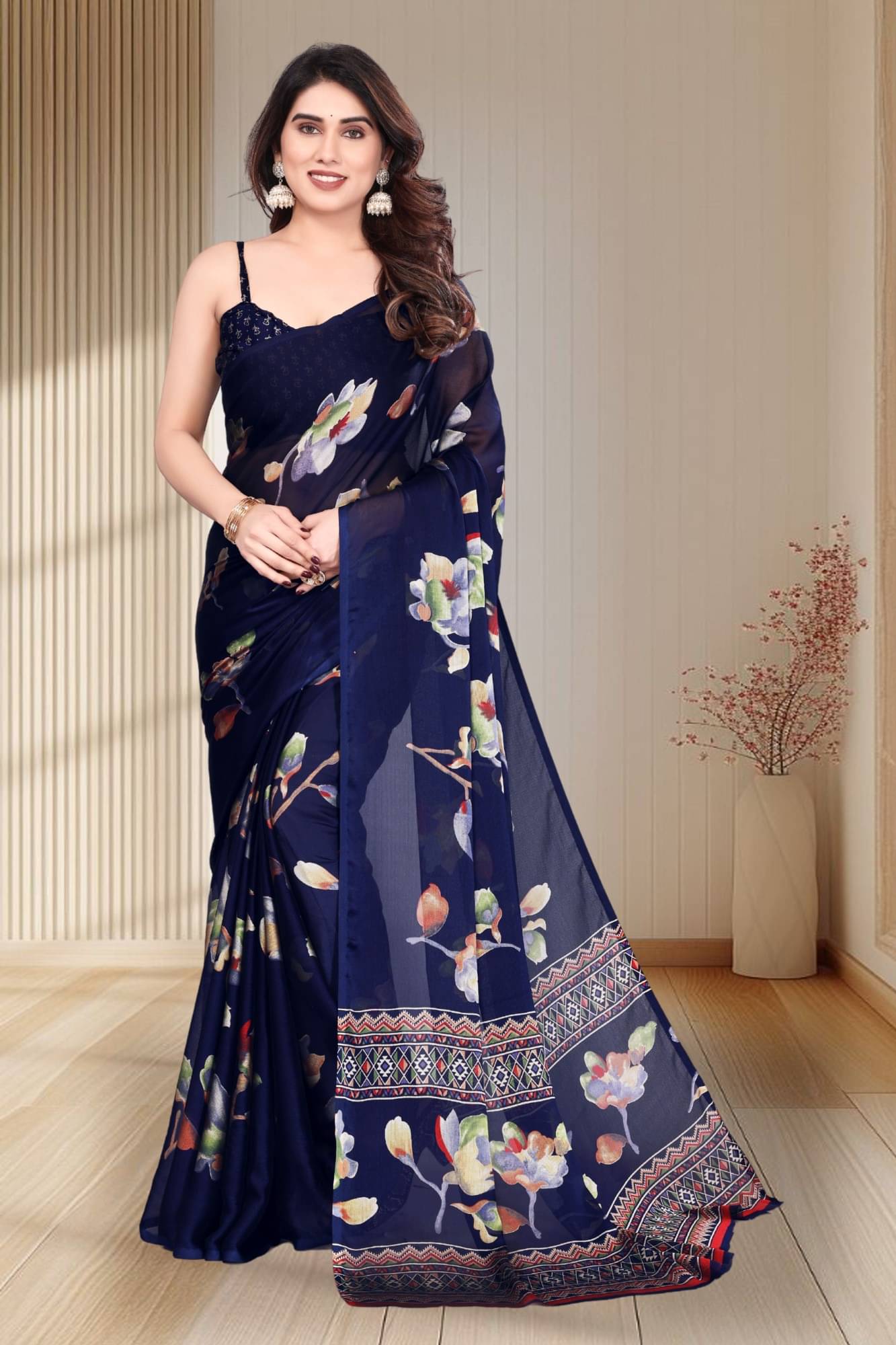 Magneitta Chiffon Printed Saree With Unstitched Blouse Piece ( Blue ) Magneitta Chiffon Printed Saree With Unstitched Blouse Piece ( Blue )