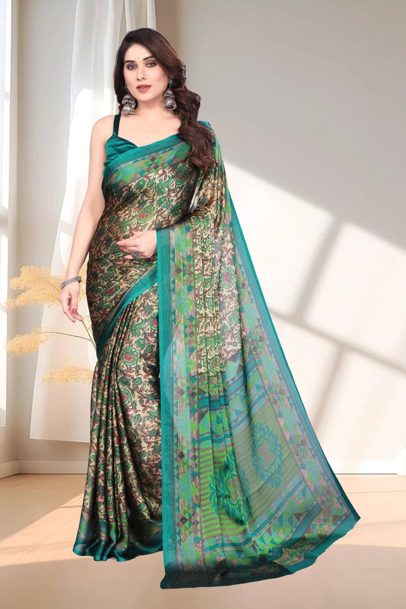    			Magneitta Chiffon Printed Saree With Unstitched Blouse Piece ( Green )