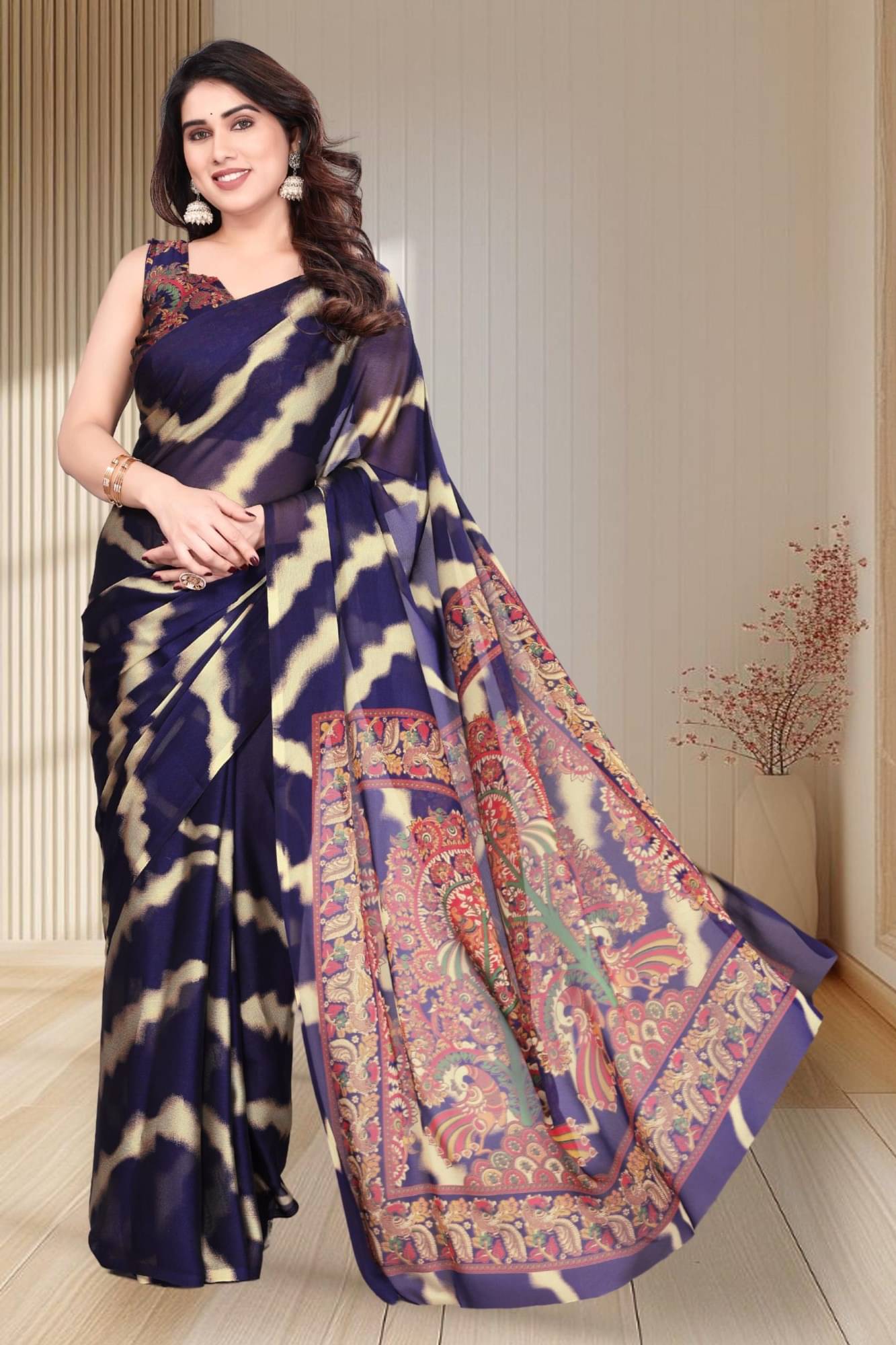 Magneitta Chiffon Printed Saree With Unstitched Blouse Piece ( Blue ) Magneitta Chiffon Printed Saree With Unstitched Blouse Piece ( Blue )
