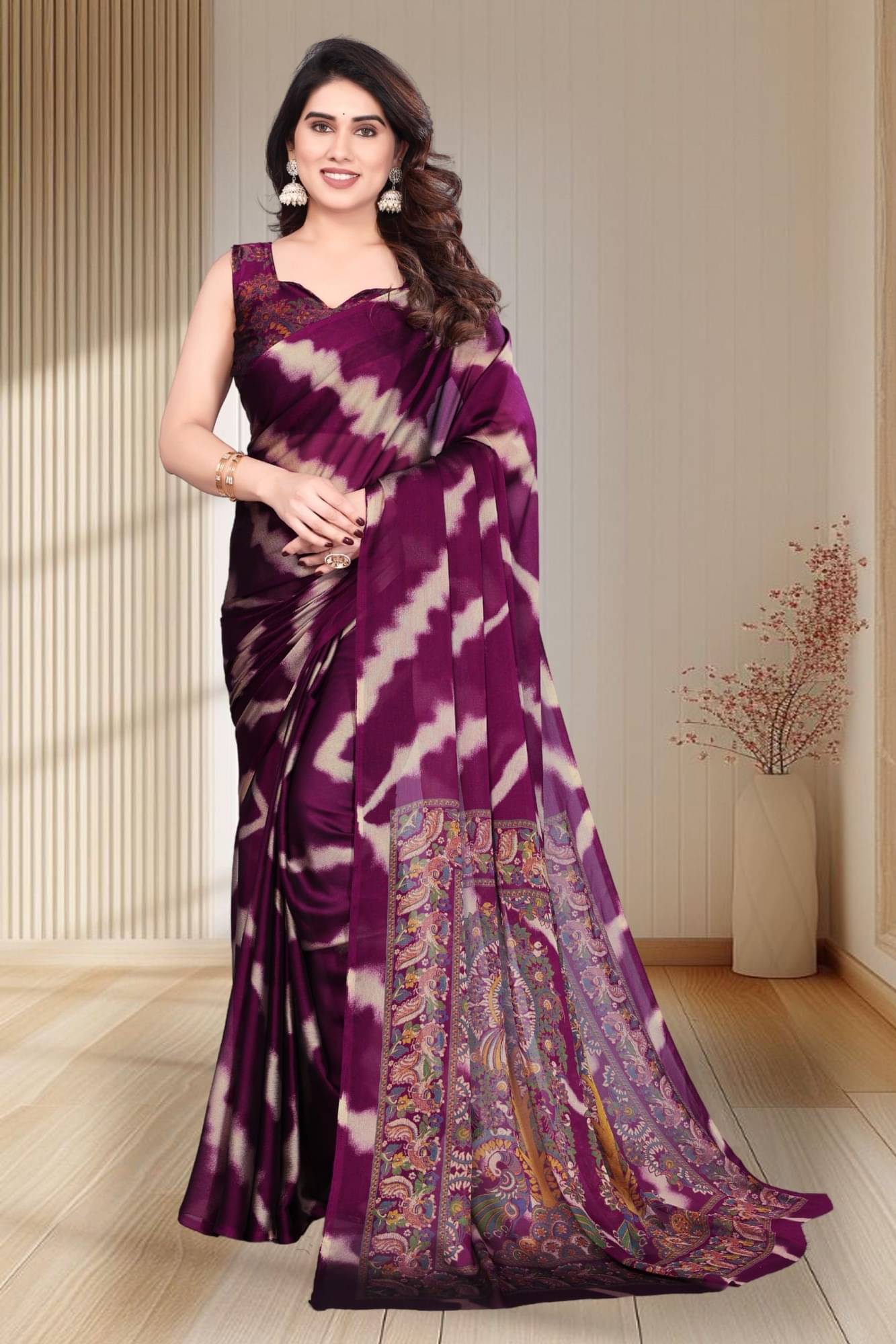 Magneitta Chiffon Printed Saree With Unstitched Blouse Piece ( Purple ) Magneitta Chiffon Printed Saree With Unstitched Blouse Piece ( Purple )