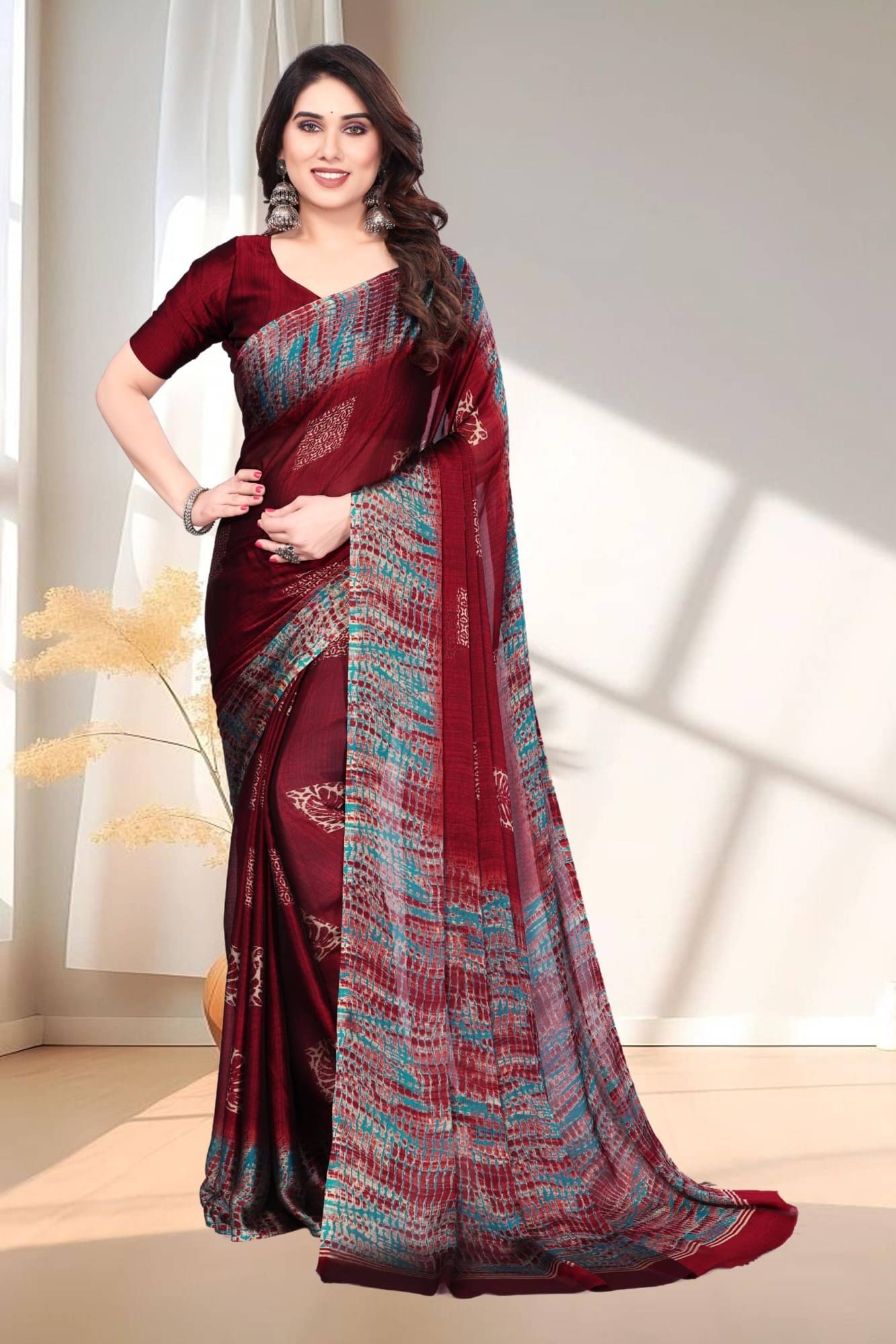     			Magneitta Chiffon Printed Saree With Unstitched Blouse Piece ( Maroon )