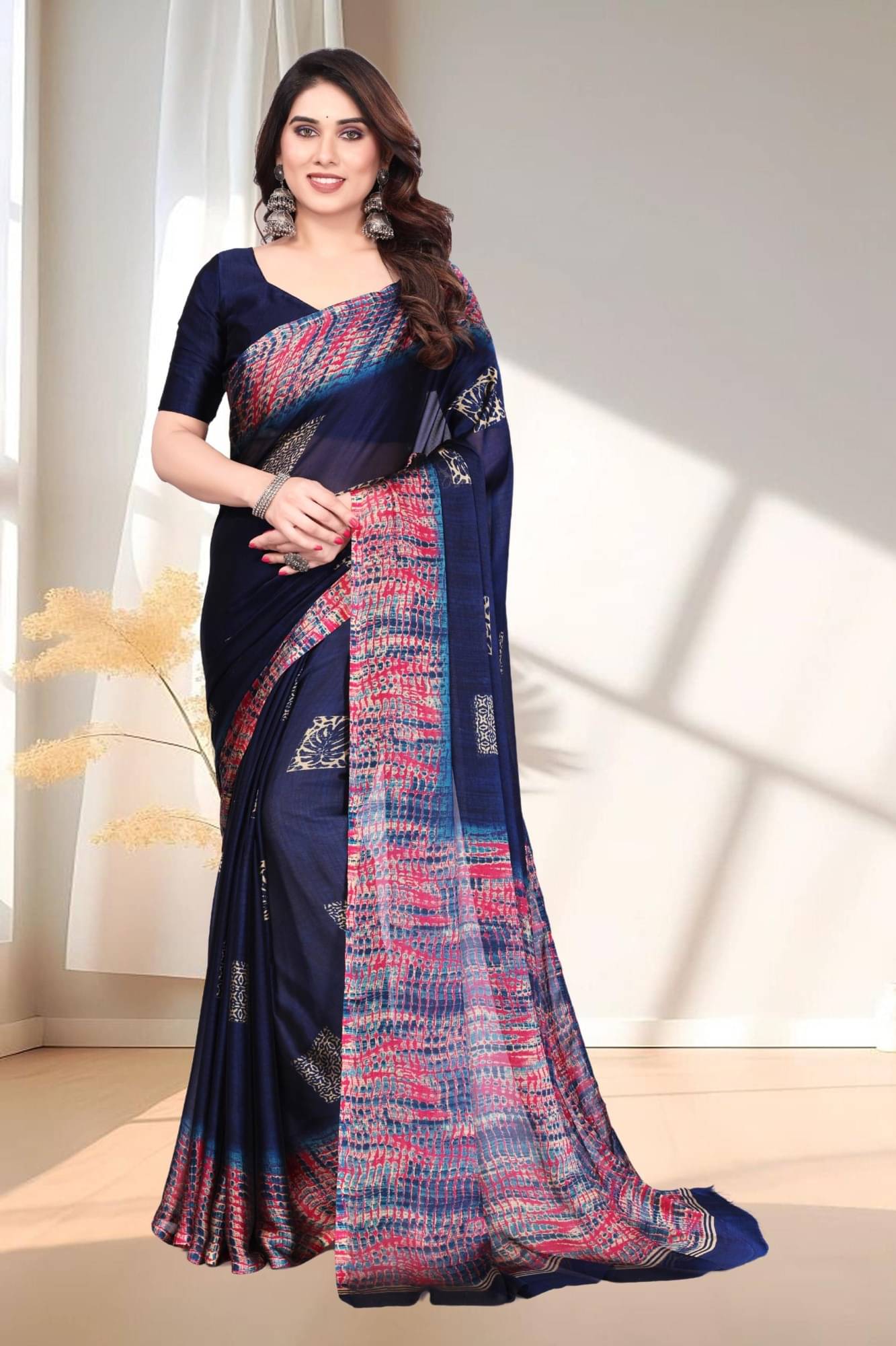 Magneitta Chiffon Printed Saree With Unstitched Blouse Piece ( Blue ) Magneitta Chiffon Printed Saree With Unstitched Blouse Piece ( Blue )