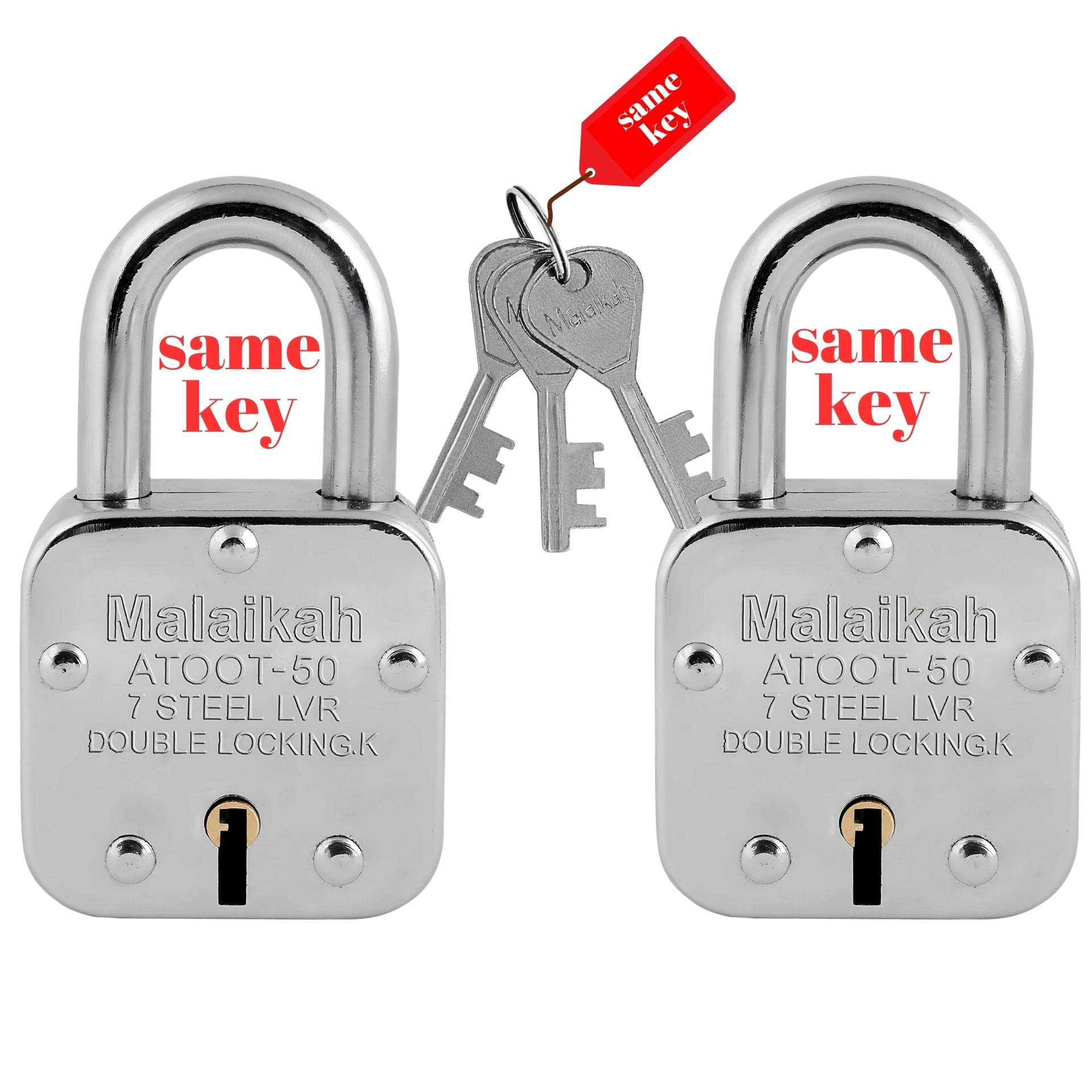 Malaikah Atoot 50 mm Common Key (Same Key) Padlock, Ideal for Gate, Shutter and Shop, Ideal for Gate, Shutter and Shop Made in Aligarh, India, Pack of 2 Malaikah Atoot 50 mm Common Key (Same Key) Padlock, Ideal for Gate, Shutter and Shop, Ideal for Gate, Shutter and Shop Made in Aligarh, India, Pack of 2