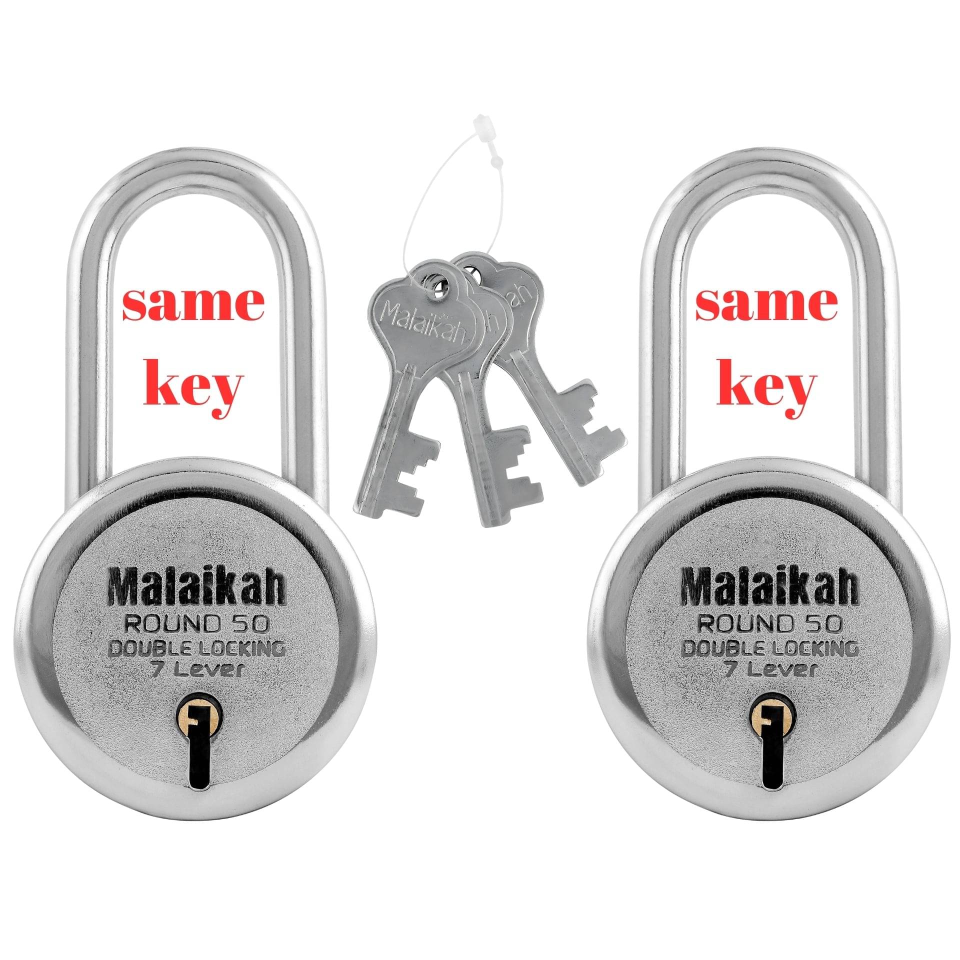 Malaikah Round 50 mm Long Shackle Common Key (Same Key) Padlock, Ideal for Gate, Shutter and Shop, Ideal for Gate, Shutter and Shop Made in Aligarh, India, Pack of 2 Malaikah Round 50 mm Long Shackle Common Key (Same Key) Padlock, Ideal for Gate, Shutter and Shop, Ideal for Gate, Shutter and Shop Made in Aligarh, India, Pack of 2