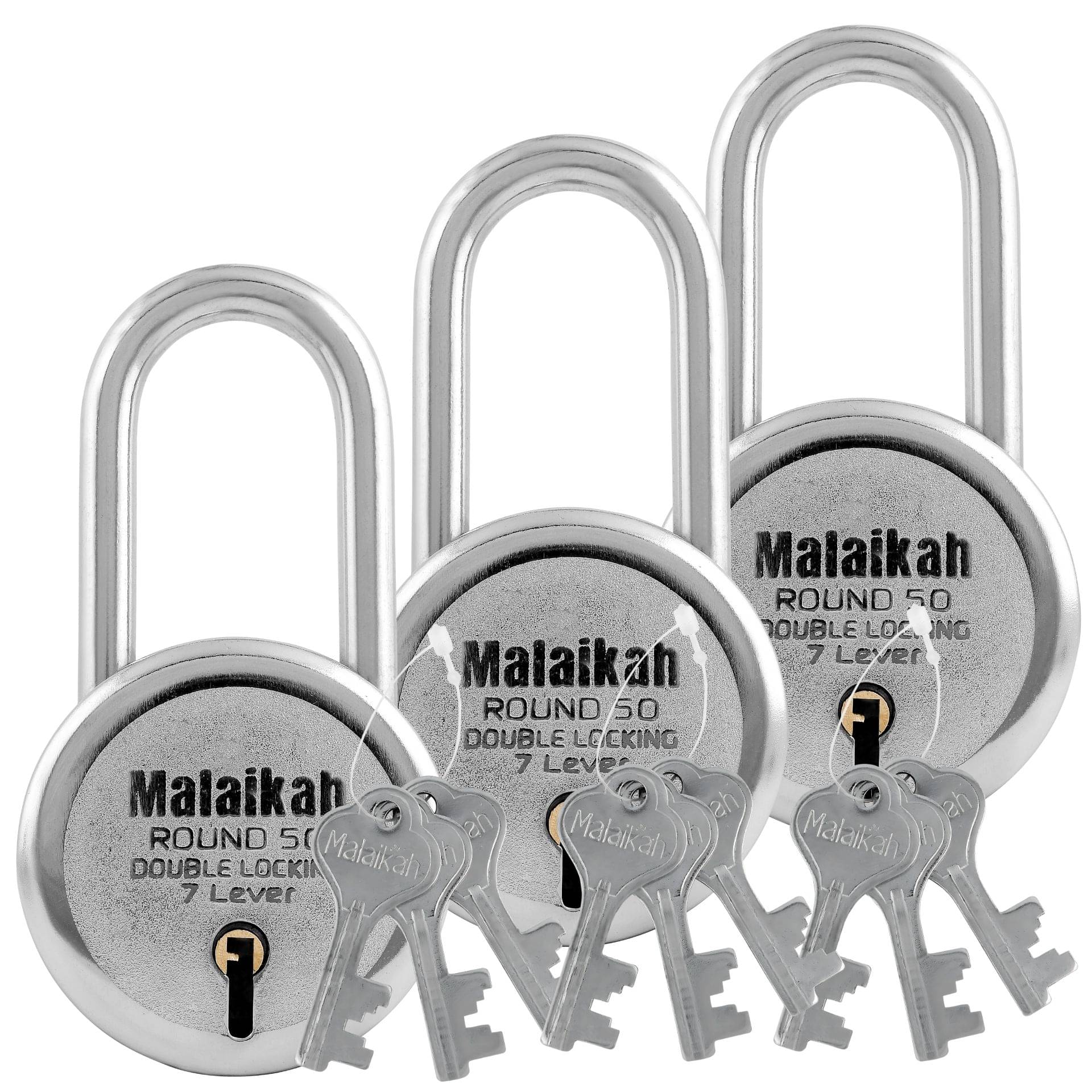 Malaikah Round 50 mm Padlock Long Shackle Double Locking 7 Lever With 3 Keys, Ideal for Gate, Shutter and Shop, Ideal for Gate, Shutter and Shop Made in Aligarh, India, Pack of 3     			Malaikah Round 50 mm Padlock Long Shackle Double Locking 7 Lever With 3 Keys, Ideal for Gate, Shutter and Shop, Ideal for Gate, Shutter and Shop Made in Aligarh, India, Pack of 3