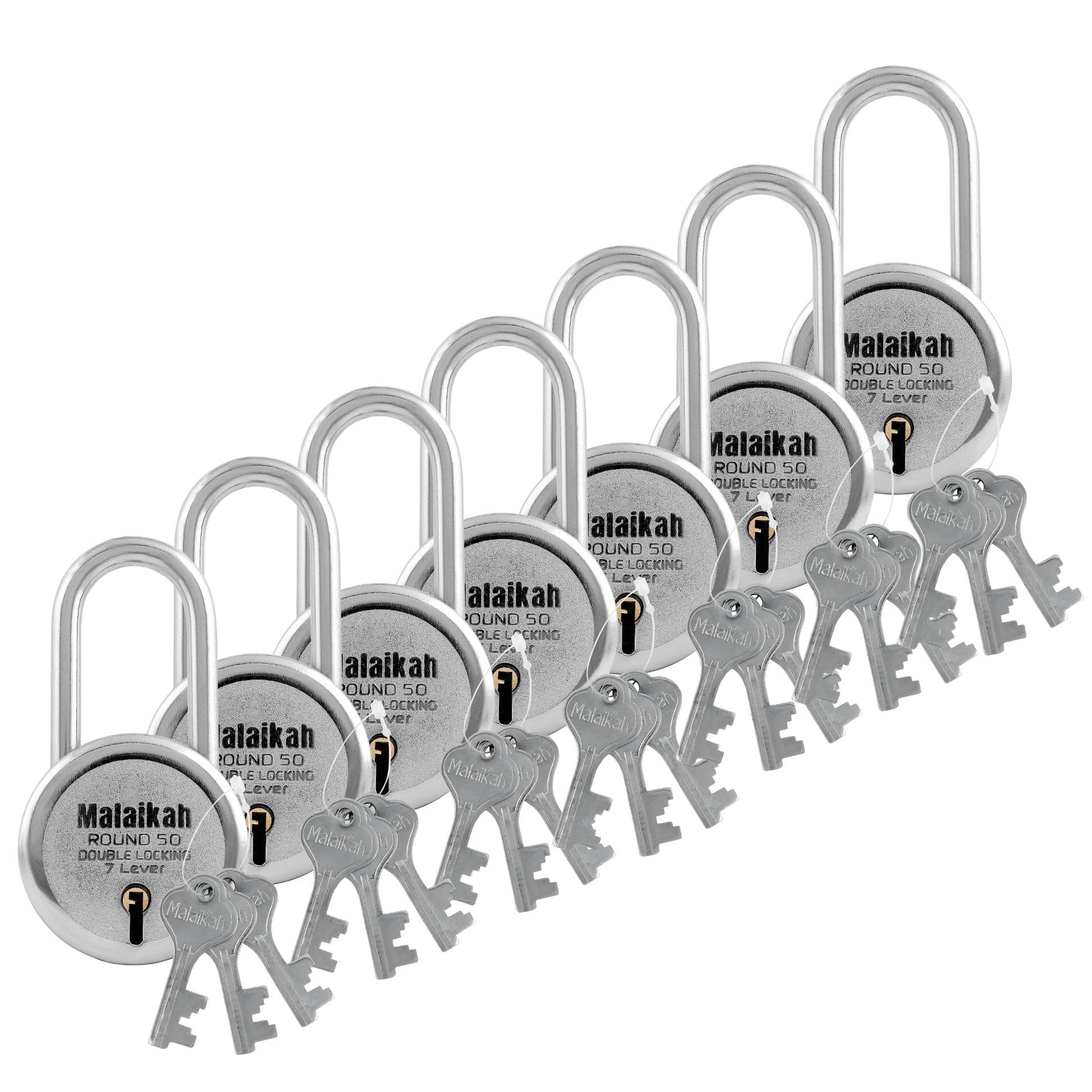 Malaikah Round 50 mm Padlock Long Shackle Double Locking 7 Lever With 3 Keys, Ideal for Gate, Shutter and Shop, Ideal for Gate, Shutter and Shop Made in Aligarh, India, Pack of 7     			Malaikah Round 50 mm Padlock Long Shackle Double Locking 7 Lever With 3 Keys, Ideal for Gate, Shutter and Shop, Ideal for Gate, Shutter and Shop Made in Aligarh, India, Pack of 7