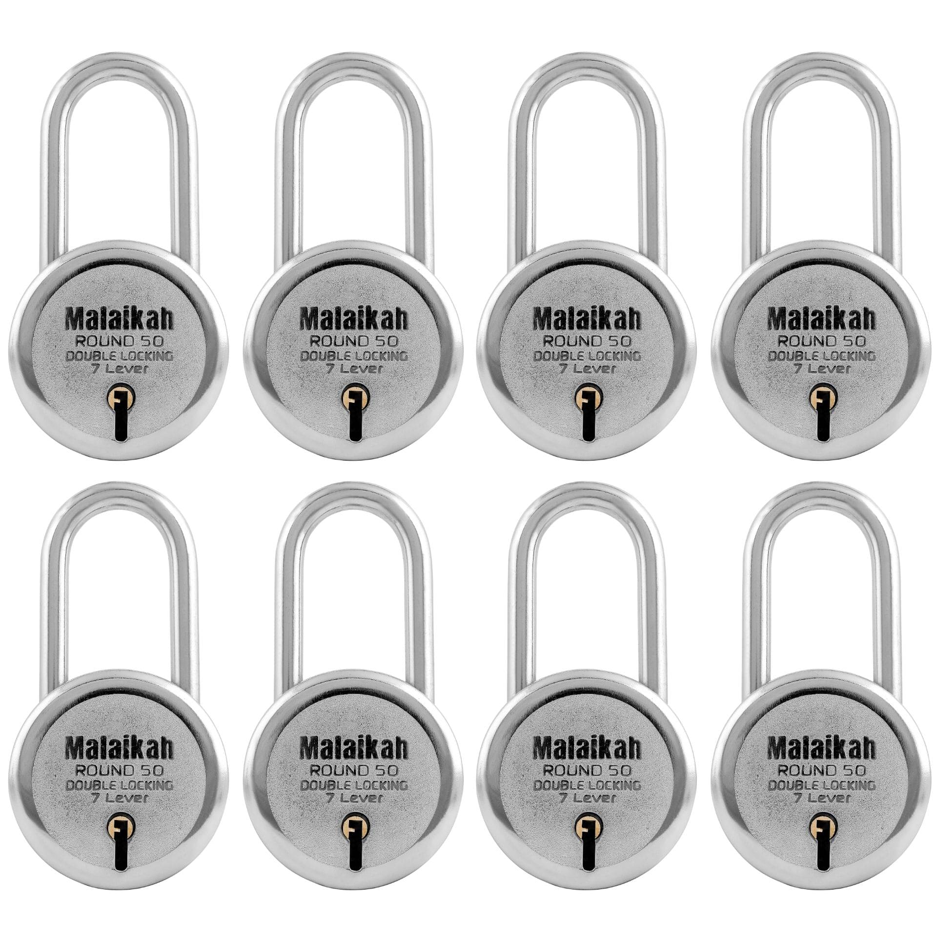 Malaikah Round 50 mm Padlock Long Shackle Double Locking 7 Lever With 3 Keys, Ideal for Gate, Shutter and Shop, Ideal for Gate, Shutter and Shop Made in Aligarh, India, Pack of 8 Malaikah Round 50 mm Padlock Long Shackle Double Locking 7 Lever With 3 Keys, Ideal for Gate, Shutter and Shop, Ideal for Gate, Shutter and Shop Made in Aligarh, India, Pack of 8