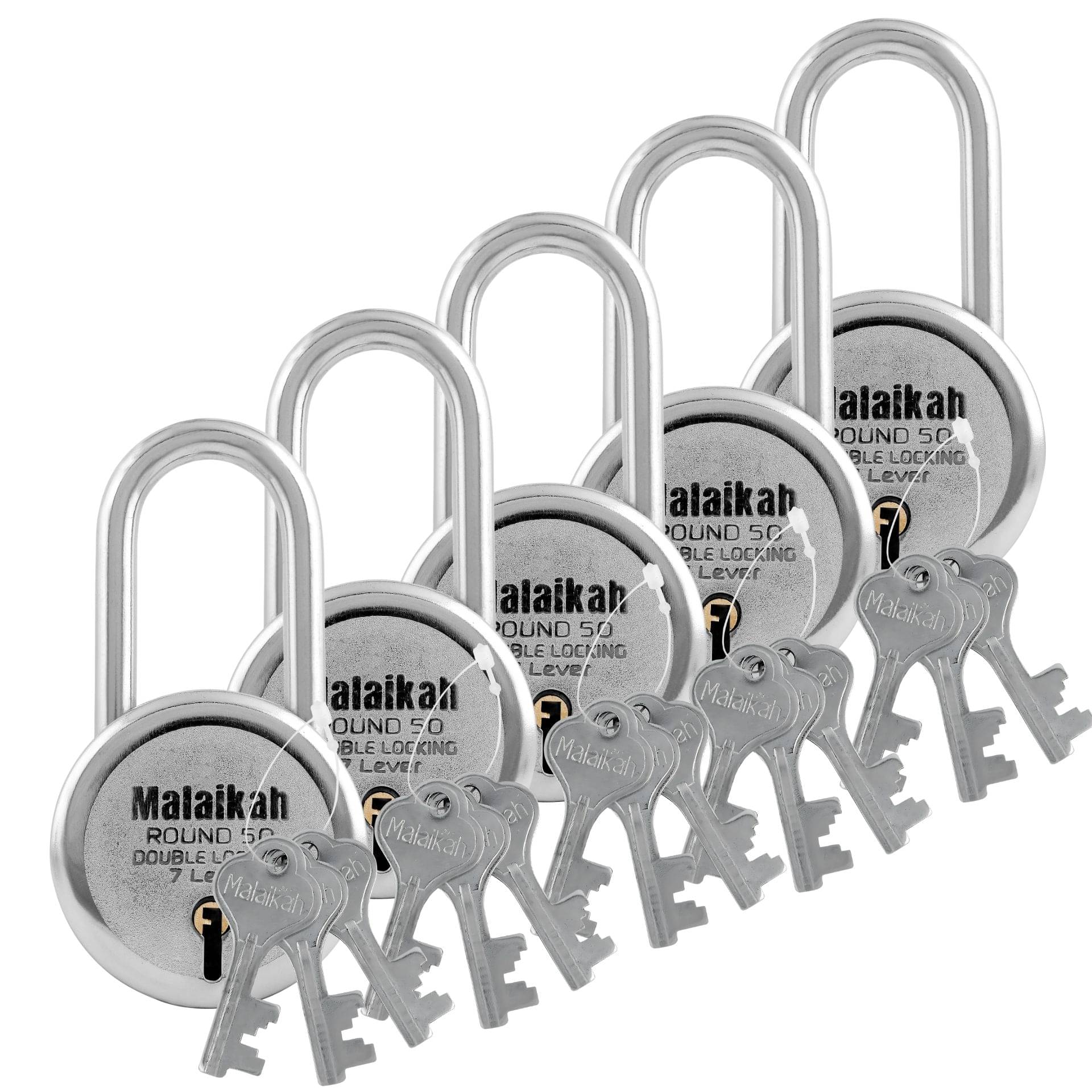     			Malaikah Round 50 mm Padlock Long Shackle Double Locking 7 Lever With 3 Keys, Ideal for Gate, Shutter and Shop, Ideal for Gate, Shutter and Shop Made in Aligarh, India, Pack of 5