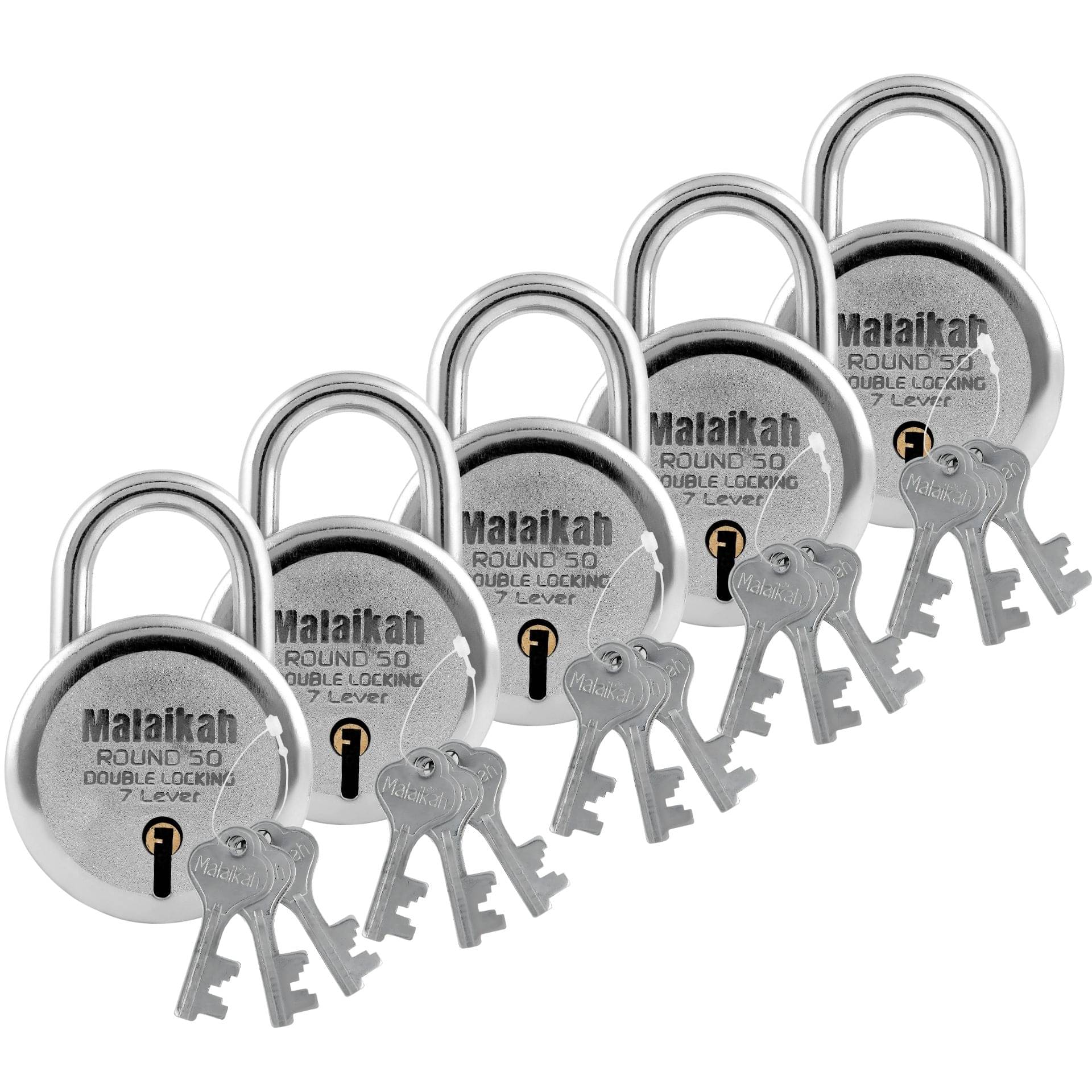 Malaikah Round 50 mm Padlock Double Locking 7 Lever With 3 Keys, Ideal for Gate, Shutter and Shop, Ideal for Gate, Shutter and Shop Made in Aligarh, India, Pack of 5 Malaikah Round 50 mm Padlock Double Locking 7 Lever With 3 Keys, Ideal for Gate, Shutter and Shop, Ideal for Gate, Shutter and Shop Made in Aligarh, India, Pack of 5