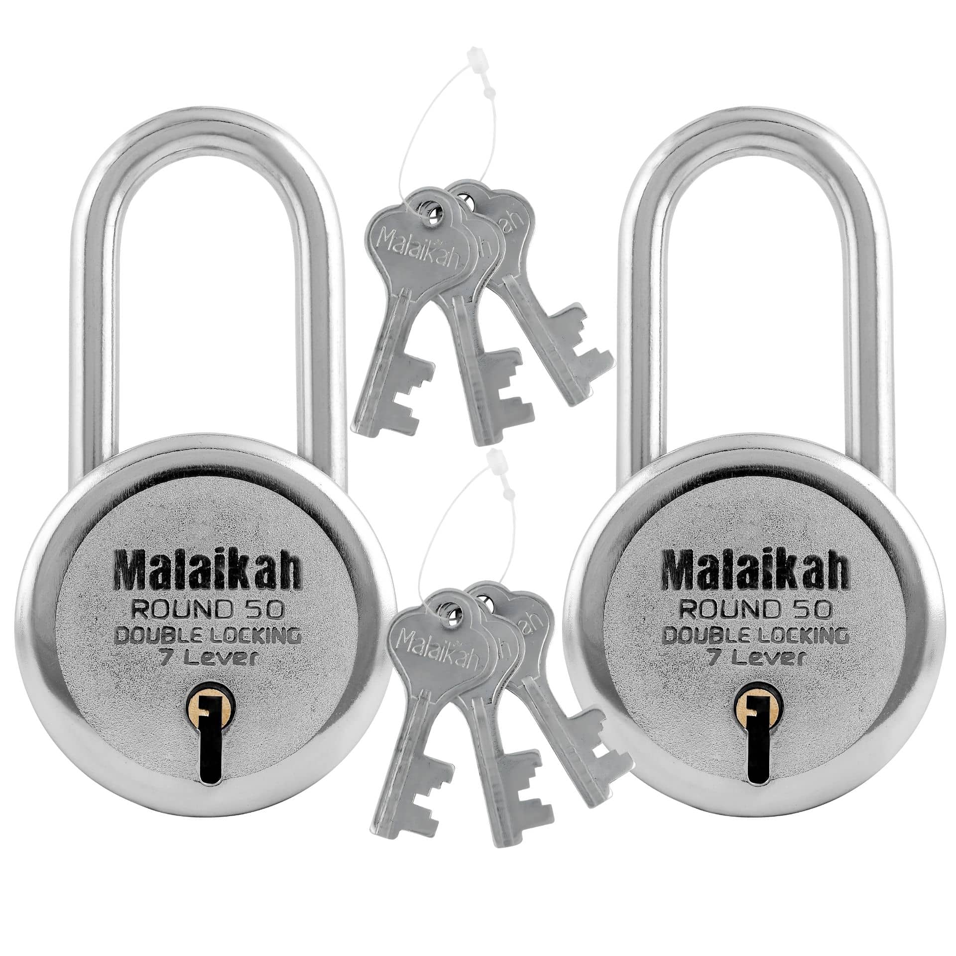 Malaikah Round 50 mm Padlock Long Shackle Double Locking 7 Lever With 3 Keys, Ideal for Gate, Shutter and Shop, Ideal for Gate, Shutter and Shop Made in Aligarh, India, Pack of 2