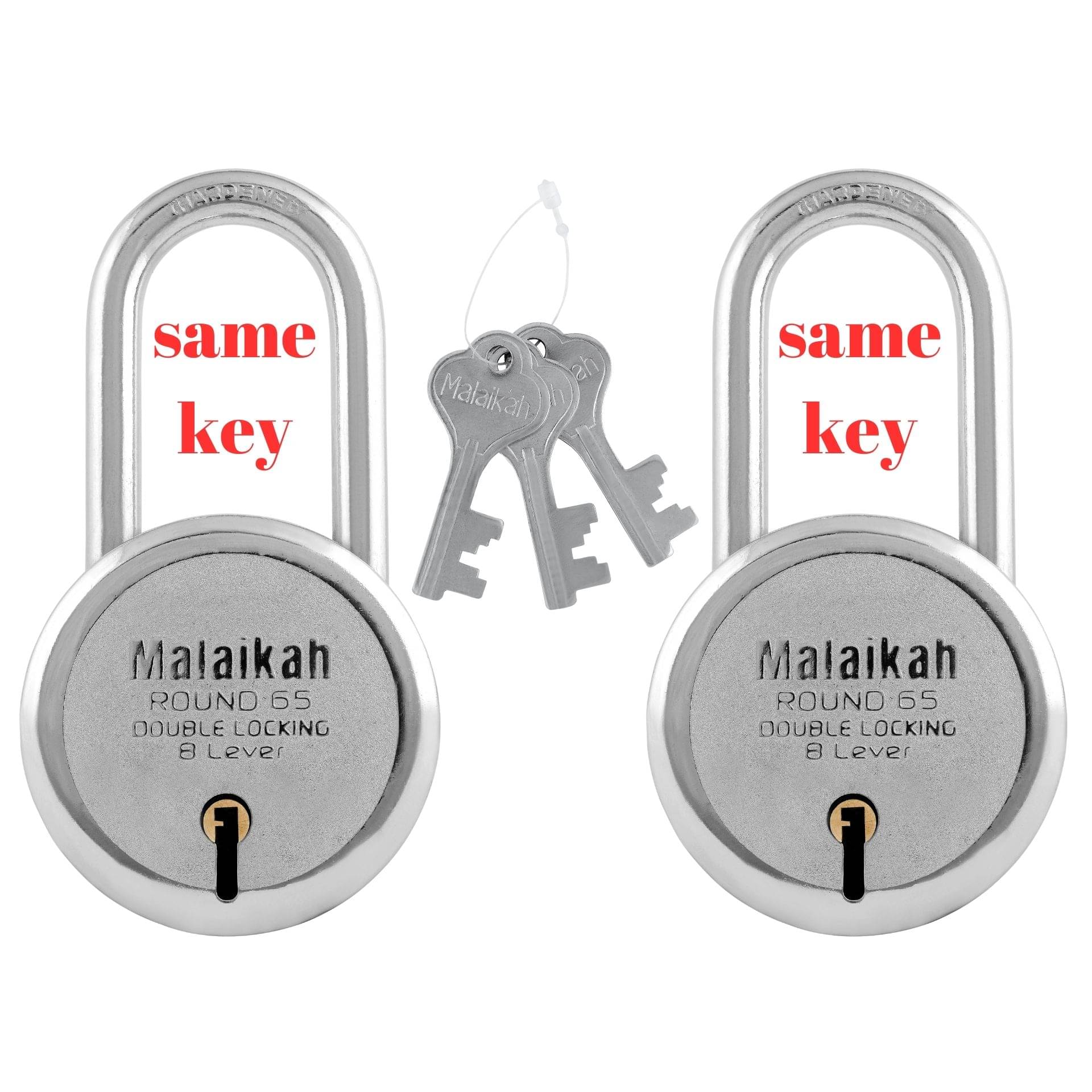     			Malaikah Round 65 mm Long Shackle Common Key (Same Key) Padlock, For Door, Ideal for Gate, Shutter and Shop, Ideal for Gate, Shutter and Shop Made in Aligarh, India, Pack of 2