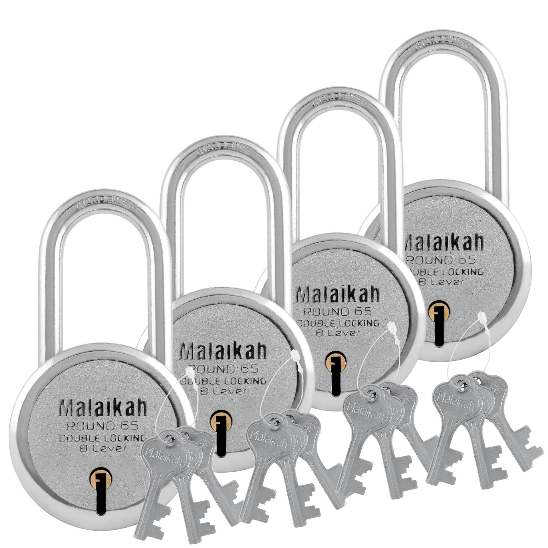 Malaikah Round 65 mm Padlock Long Shackle Double Locking 8 Lever With 3 Keys, Ideal for Gate, Shutter and Shop, Ideal for Gate, Shutter and Shop Made in Aligarh, India, Pack of 4 Malaikah Round 65 mm Padlock Long Shackle Double Locking 8 Lever With 3 Keys, Ideal for Gate, Shutter and Shop, Ideal for Gate, Shutter and Shop Made in Aligarh, India, Pack of 4