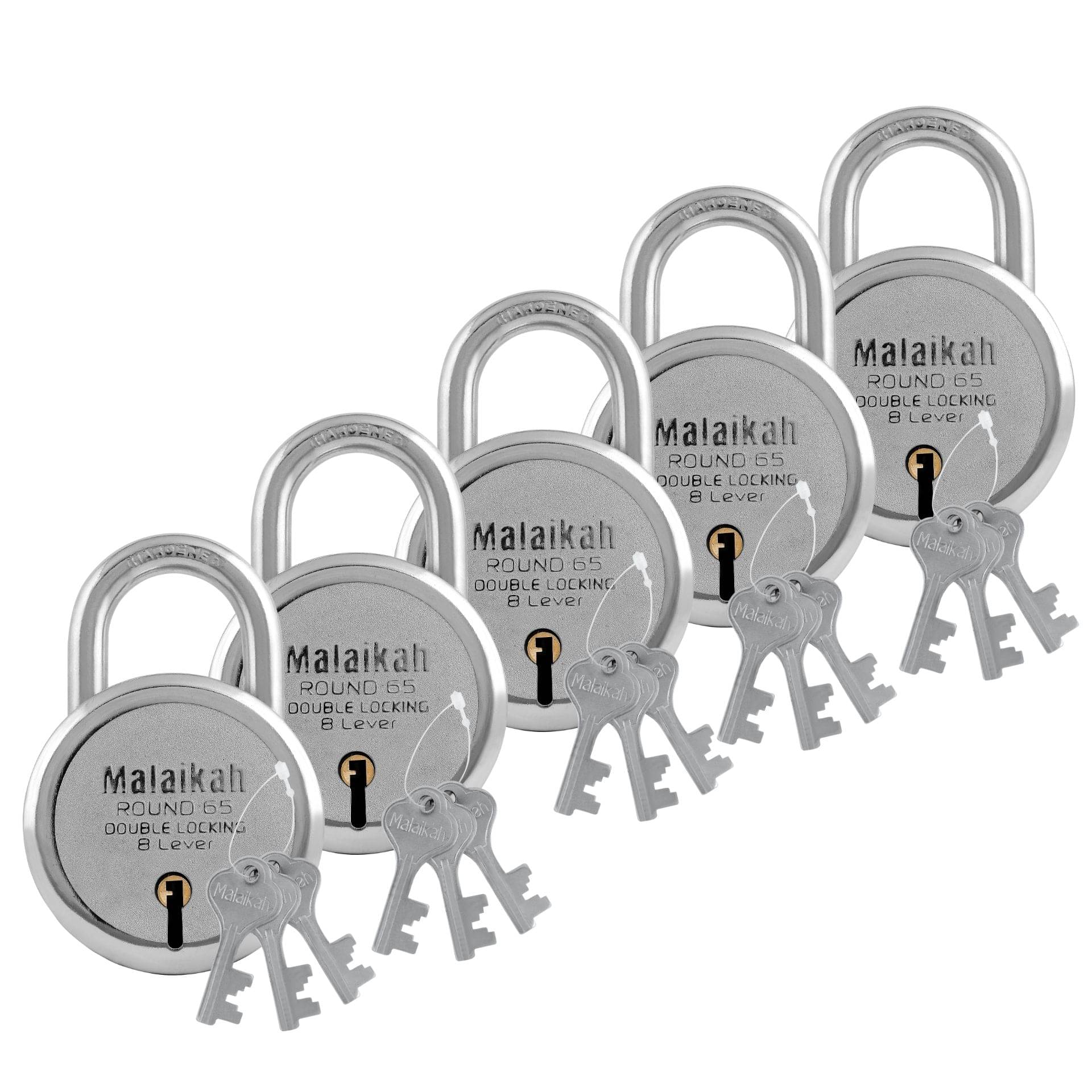 Malaikah Round 65 mm Padlock Double Locking 8 Lever With 3 Keys, Ideal for Gate, Shutter and Shop, Ideal for Gate, Shutter and Shop Made in Aligarh, India, Pack of 5 Malaikah Round 65 mm Padlock Double Locking 8 Lever With 3 Keys, Ideal for Gate, Shutter and Shop, Ideal for Gate, Shutter and Shop Made in Aligarh, India, Pack of 5