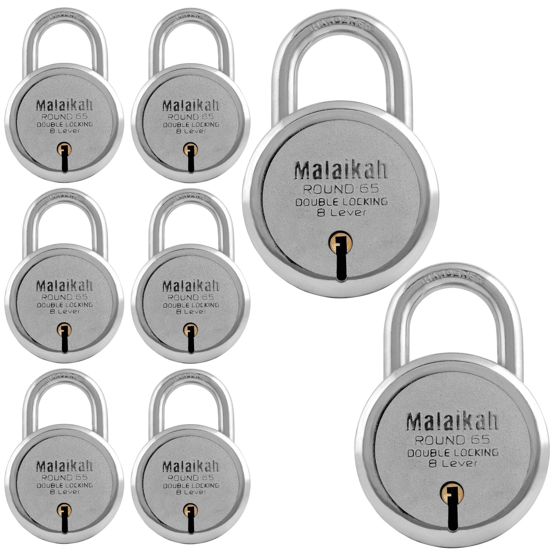Malaikah Round 65 mm Padlock Double Locking 8 Lever With 3 Keys, Ideal for Gate, Shutter and Shop, Ideal for Gate, Shutter and Shop Made in Aligarh, India, Pack of 8 Malaikah Round 65 mm Padlock Double Locking 8 Lever With 3 Keys, Ideal for Gate, Shutter and Shop, Ideal for Gate, Shutter and Shop Made in Aligarh, India, Pack of 8