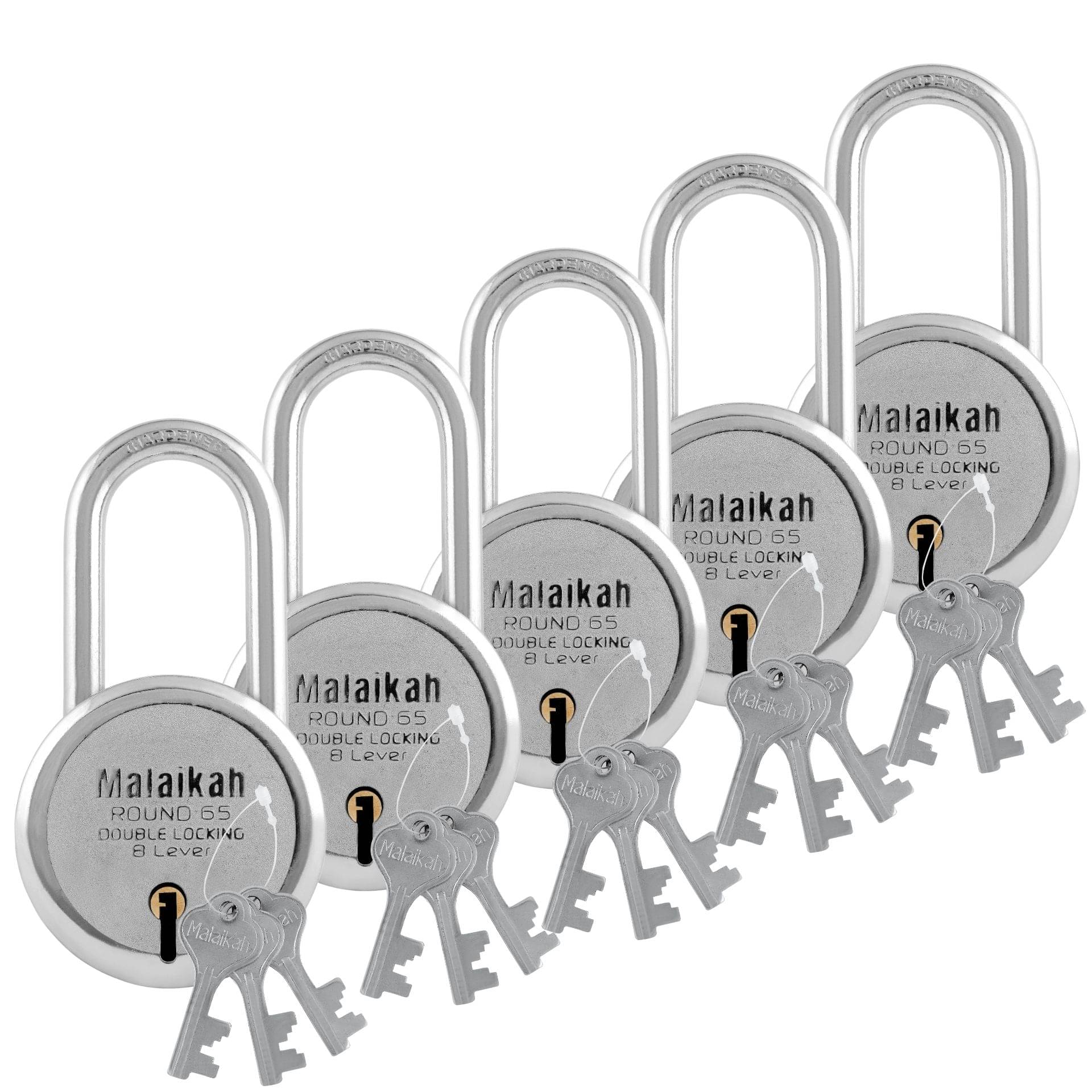     			Malaikah Round 65 mm Padlock Long Shackle Double Locking 8 Lever With 3 Keys, Ideal for Gate, Shutter and Shop, Ideal for Gate, Shutter and Shop Made in Aligarh, India, Pack of 5