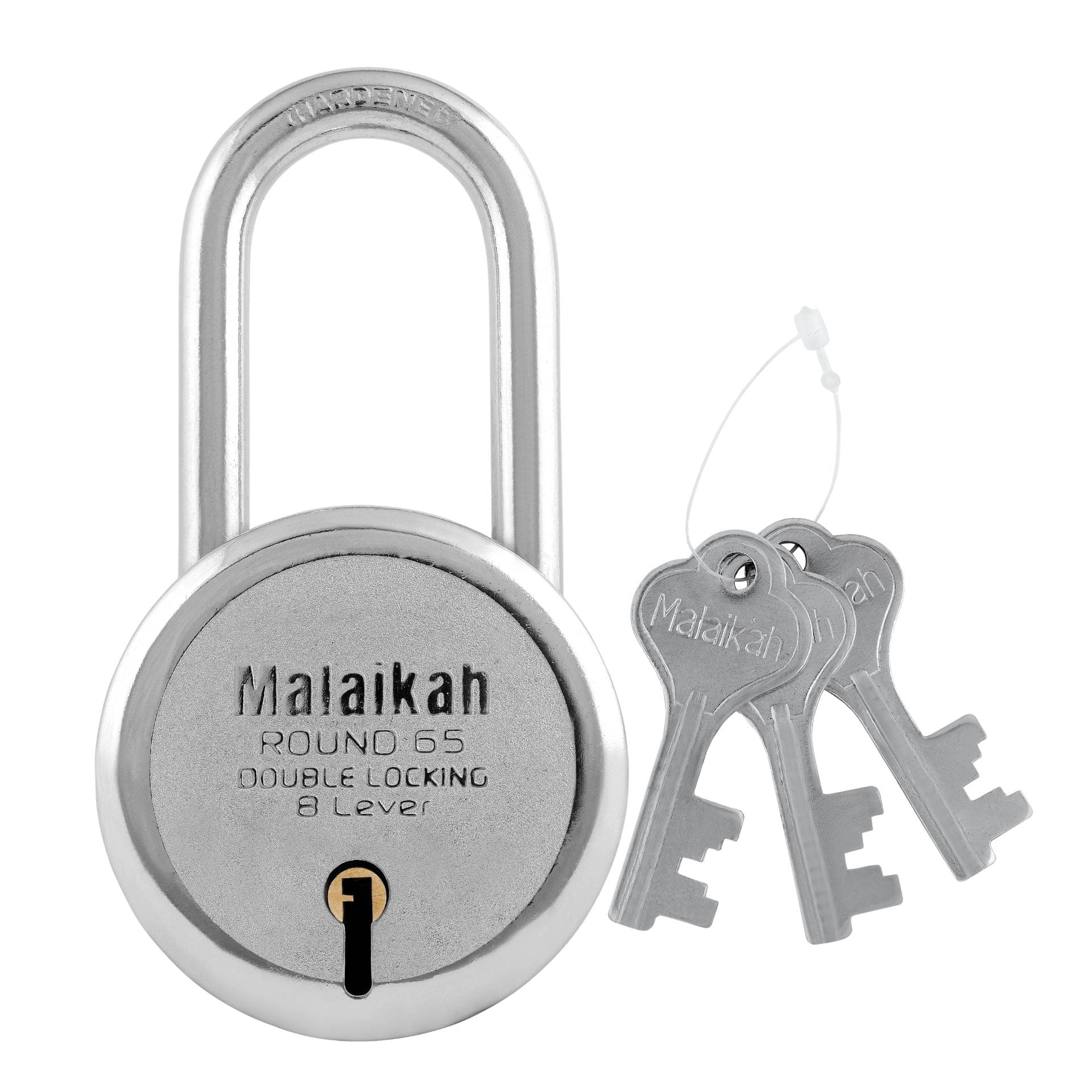 Malaikah Round 65 mm Padlock Long Shackle Double Locking 8 Lever With 3 Keys, Ideal for Gate, Shutter and Shop, Ideal for Gate, Shutter and Shop Made in Aligarh, India, Pack of 1 Malaikah Round 65 mm Padlock Long Shackle Double Locking 8 Lever With 3 Keys, Ideal for Gate, Shutter and Shop, Ideal for Gate, Shutter and Shop Made in Aligarh, India, Pack of 1