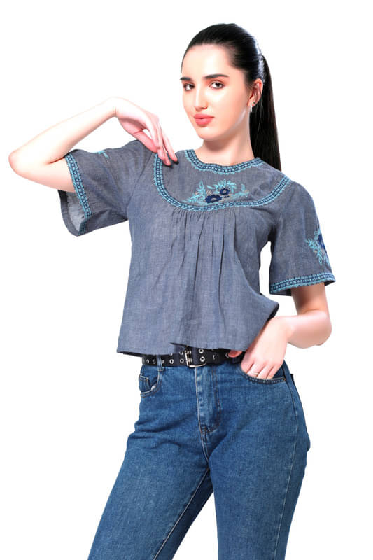     			Mantra Fashion Women's Blue Cotton Embroidered Top ( Pack of 1 )