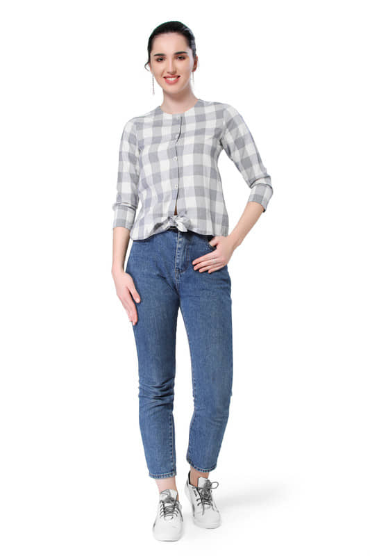 Mantra Fashion Women's Cotton Knot Front Blue and White checks 3/4th sleeve Shirt ( Pack of 1 )