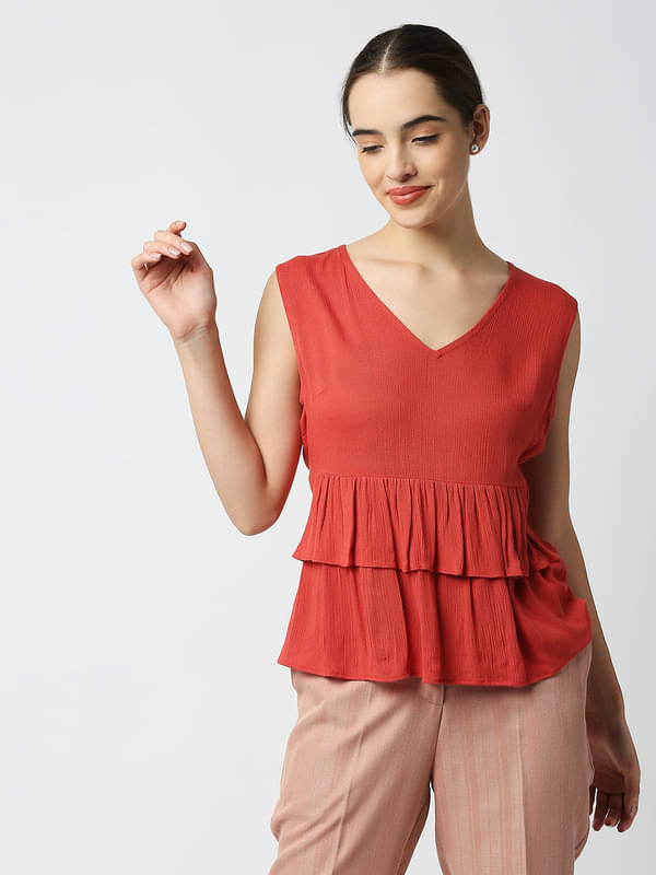     			Mantra Fashion Women's Rust Solid Sleeveless Peplum Top ( Pack of 1 )