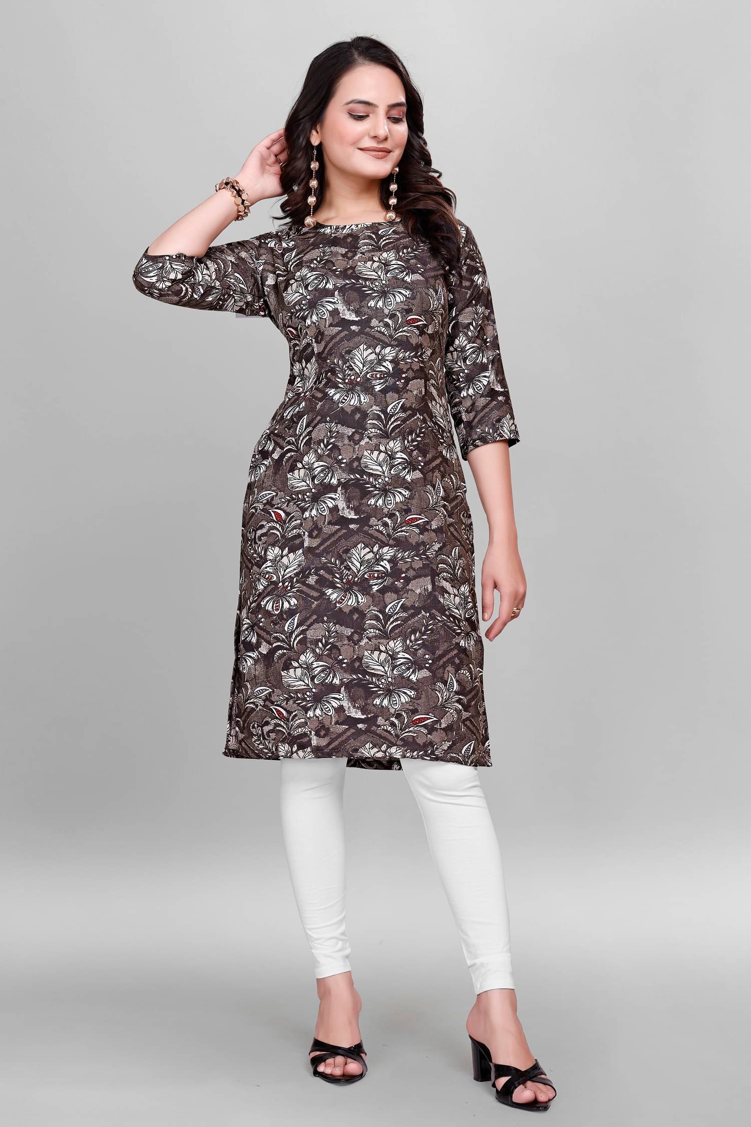     			PRIJHON Pack of 1 Cotton Printed Straight Women's Kurti - ( Brown )