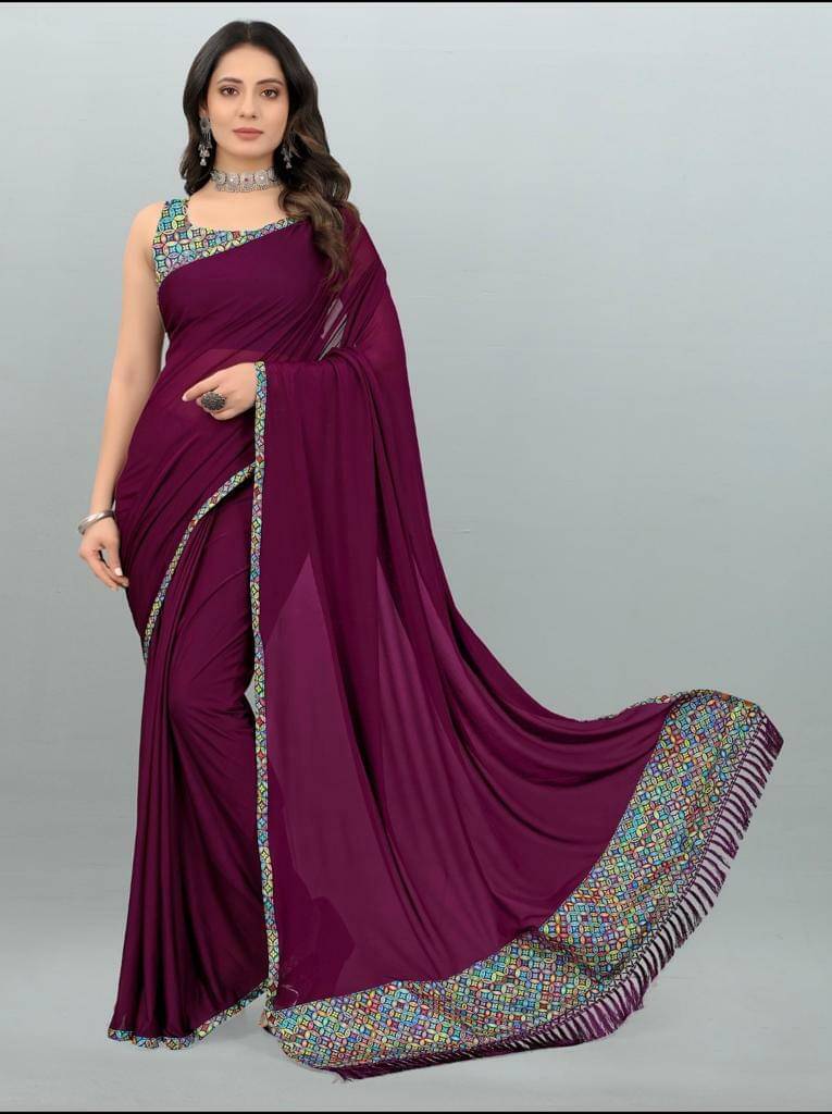 SIMRISH Lycra Printed Saree With Unstitched Blouse Piece ( Magenta ) SIMRISH Lycra Printed Saree With Unstitched Blouse Piece ( Magenta )