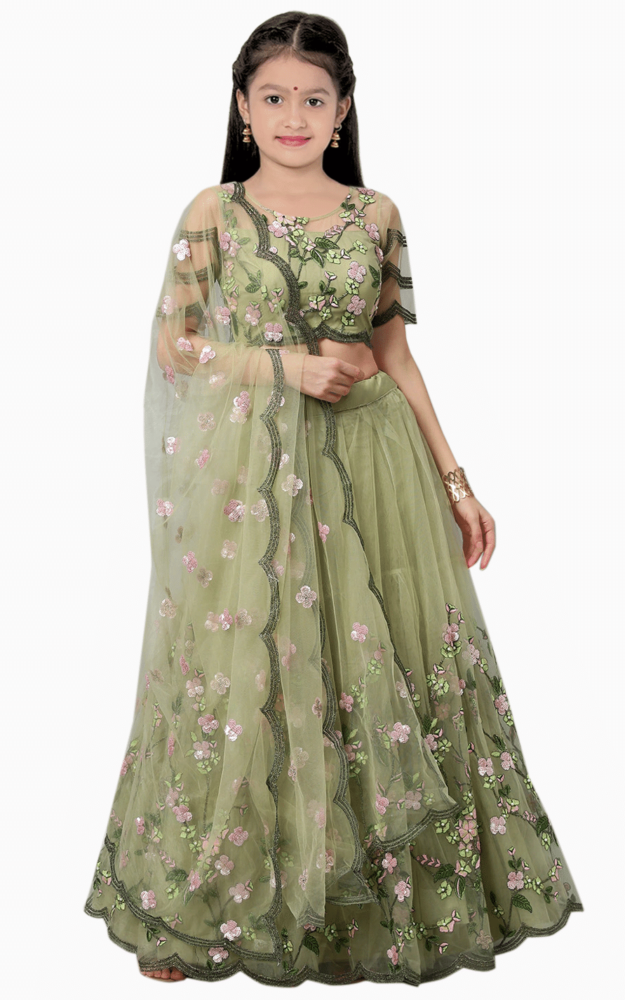     			Supar Sleave Net Lehenga Choli Set For Girls ( Pack of 1 , Mint Green )