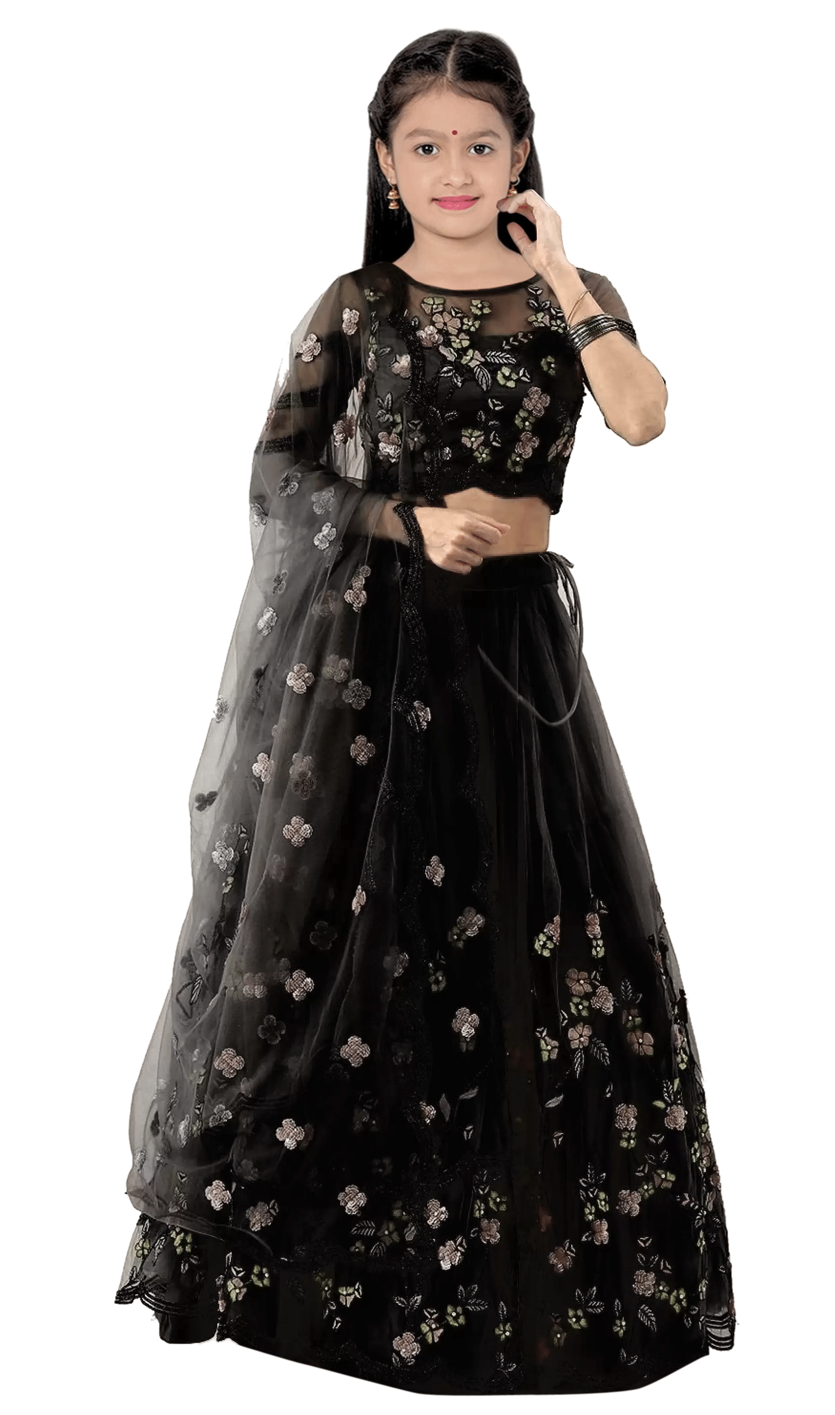     			Supar Sleave Net Lehenga Choli Set For Girls ( Pack of 1 , Black )