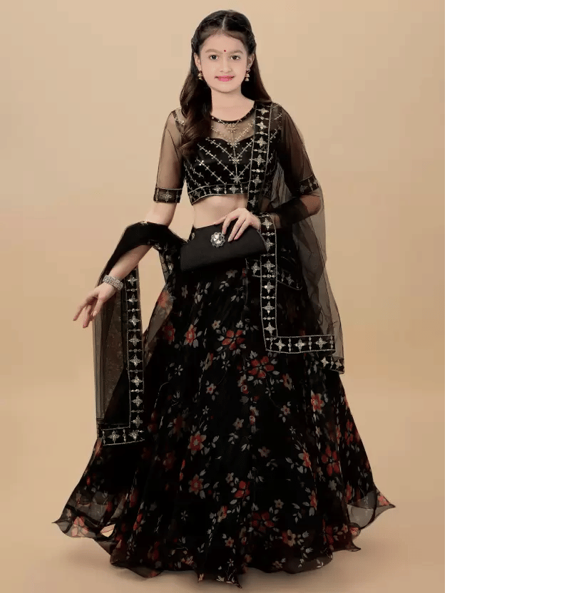     			Supar Sleave Organza Lehenga Choli Set For Girls ( Pack of 1 , Black )