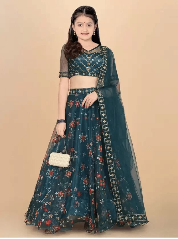     			Supar Sleave Organza Lehenga Choli Set For Girls ( Pack of 1 , Blue )