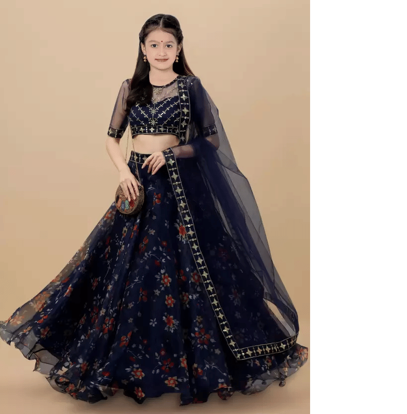     			Supar Sleave Organza Lehenga Choli Set For Girls ( Pack of 1 , Dark Blue )