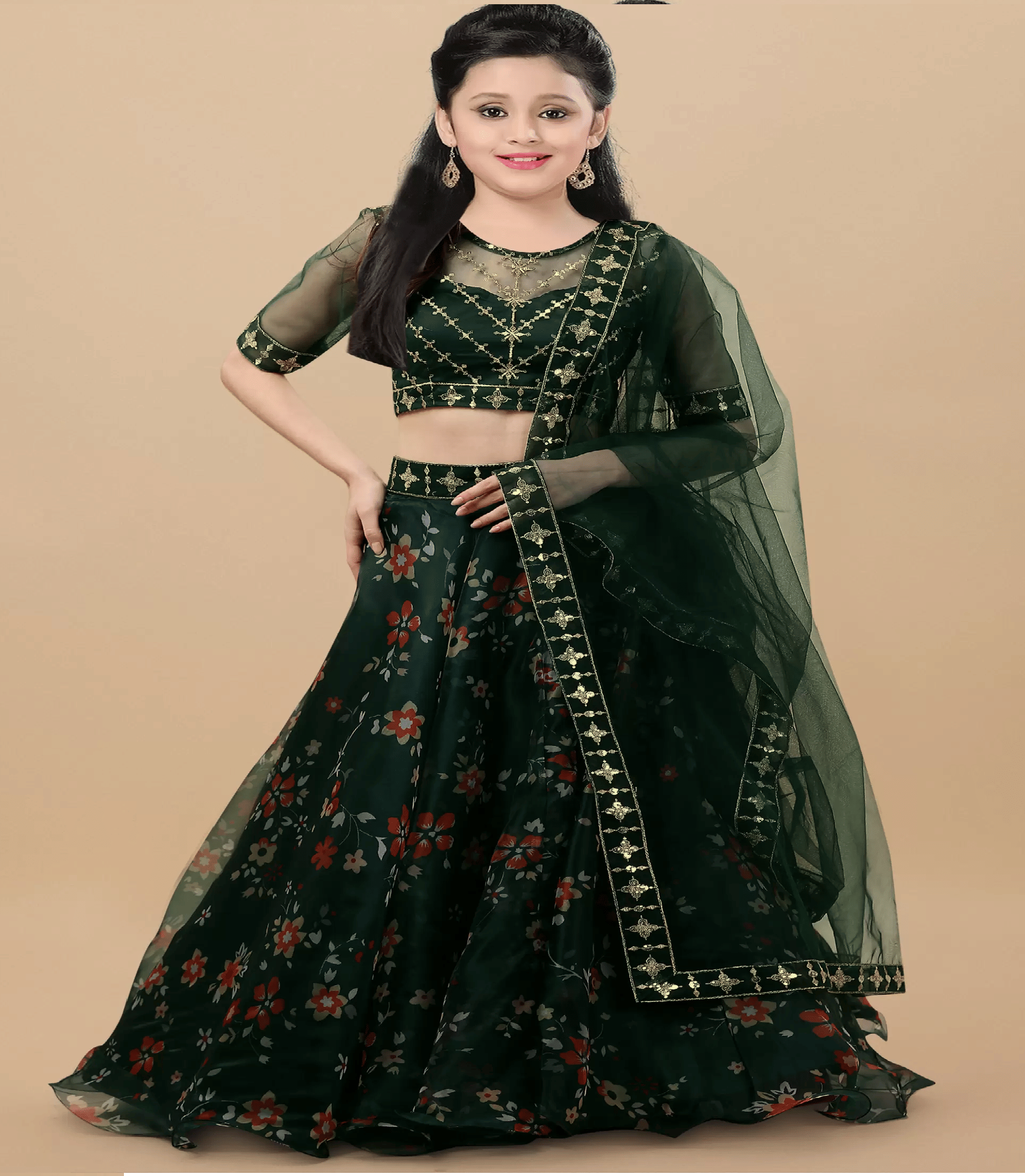     			Supar Sleave Organza Lehenga Choli Set For Girls ( Pack of 1 , Green )