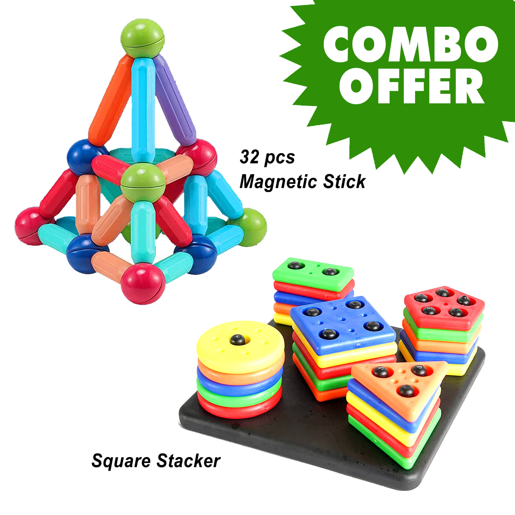 TOY DEKHO Combo Magnetic Sticks 32 pcs Building Blocks for Kids and Square Shape Stacker Puzzle Game For Boys Girls Age 3, 4, 5+ Years TOY DEKHO Combo Magnetic Sticks 32 pcs Building Blocks for Kids and Square Shape Stacker Puzzle Game For Boys Girls Age 3, 4, 5+ Years