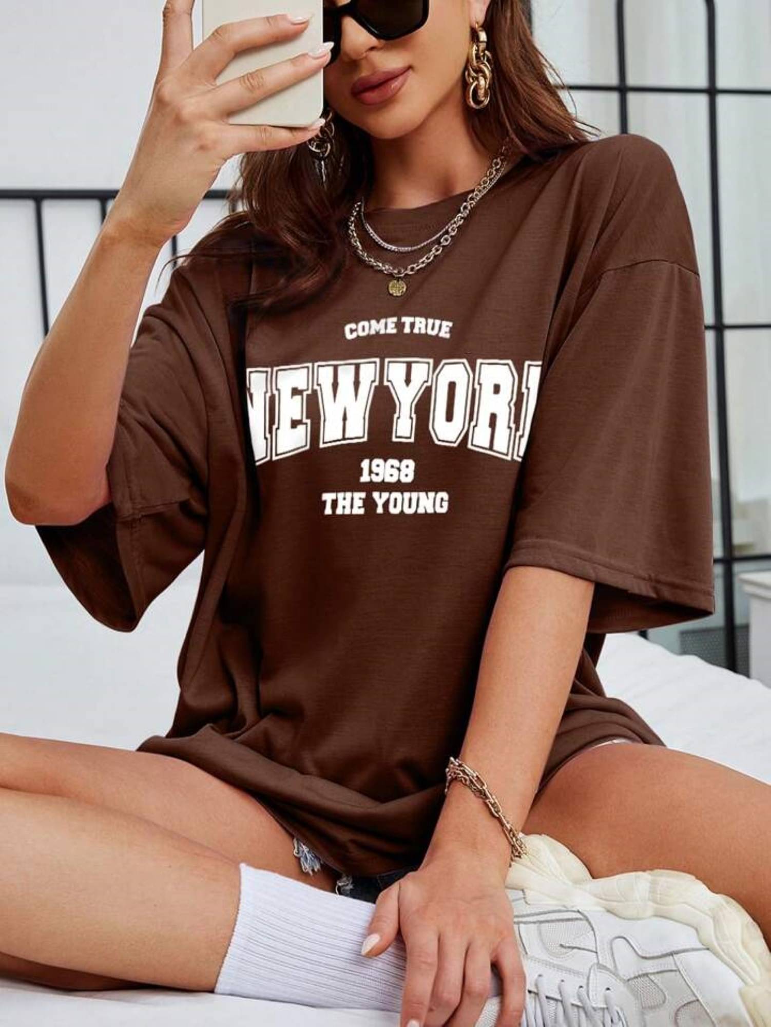 TWOCRAZIIE Women Cotton Printed Oversized Fit Round Neck T-Shirt ( Brown ) TWOCRAZIIE Women Cotton Printed Oversized Fit Round Neck T-Shirt ( Brown )