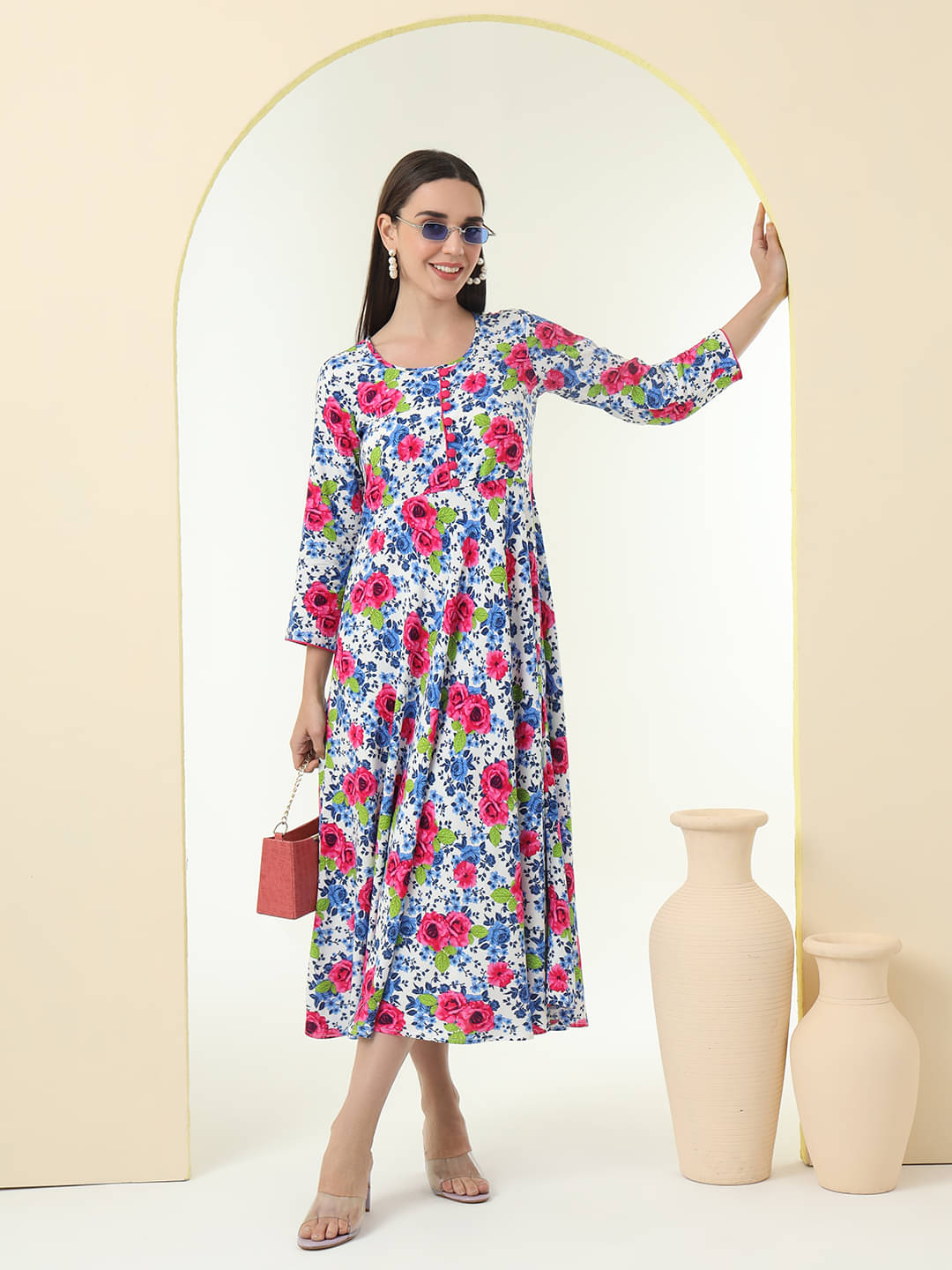     			Tissu Pack of 1 Viscose Rayon Printed Flared Women's Kurti - ( White )