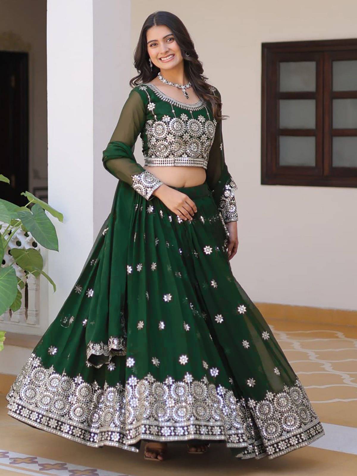 Trijal Fab Green Georgette Circular Semi Stitched Lehenga Single Trijal Fab Green Georgette Circular Semi Stitched Lehenga Single