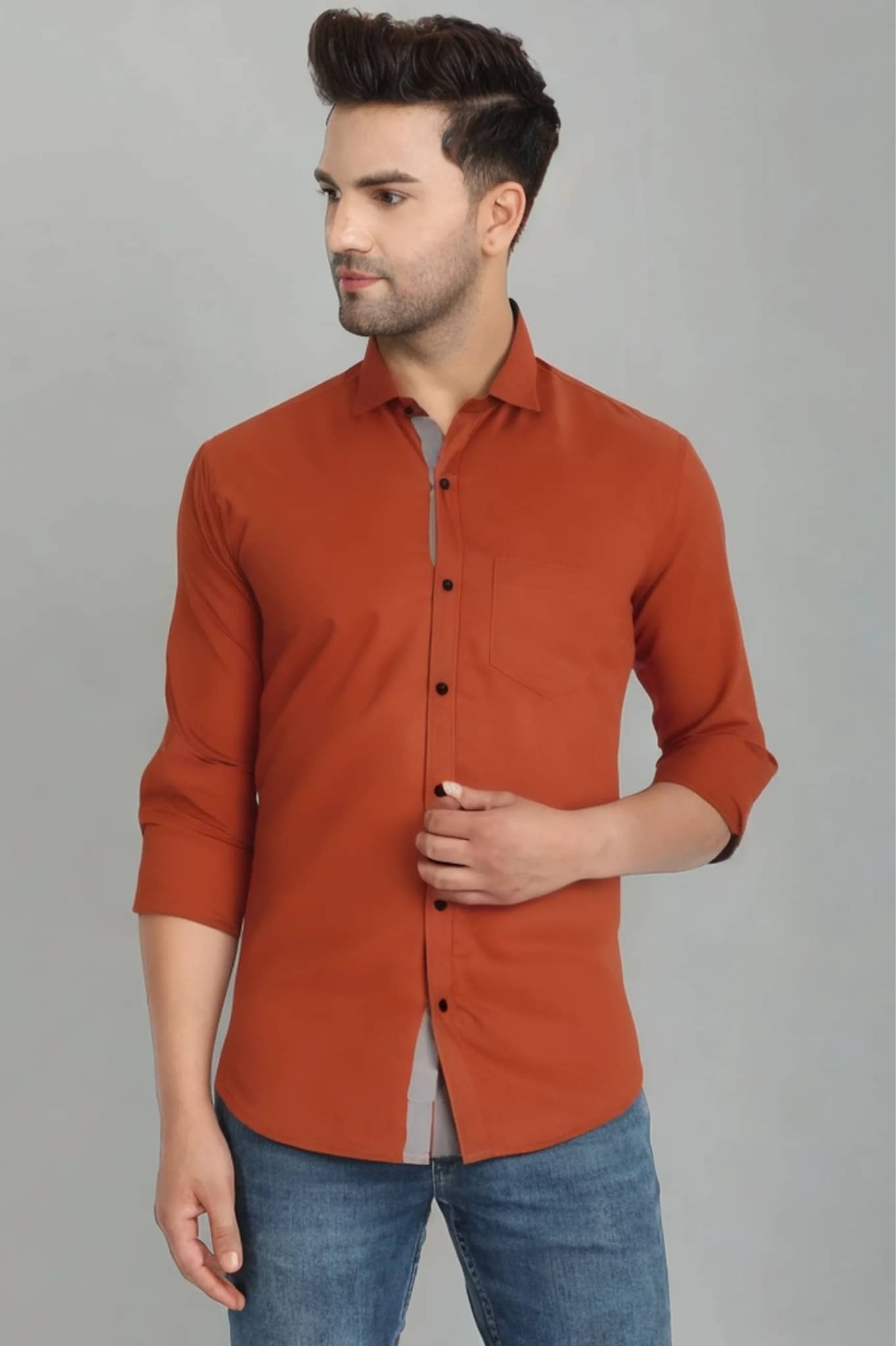 VERTUSY Cotton Blend Regular Fit Solids Full Sleeves Men's Casual Shirt - Orange ( Pack of 1 )     			VERTUSY Cotton Blend Regular Fit Solids Full Sleeves Men's Casual Shirt - Orange ( Pack of 1 )