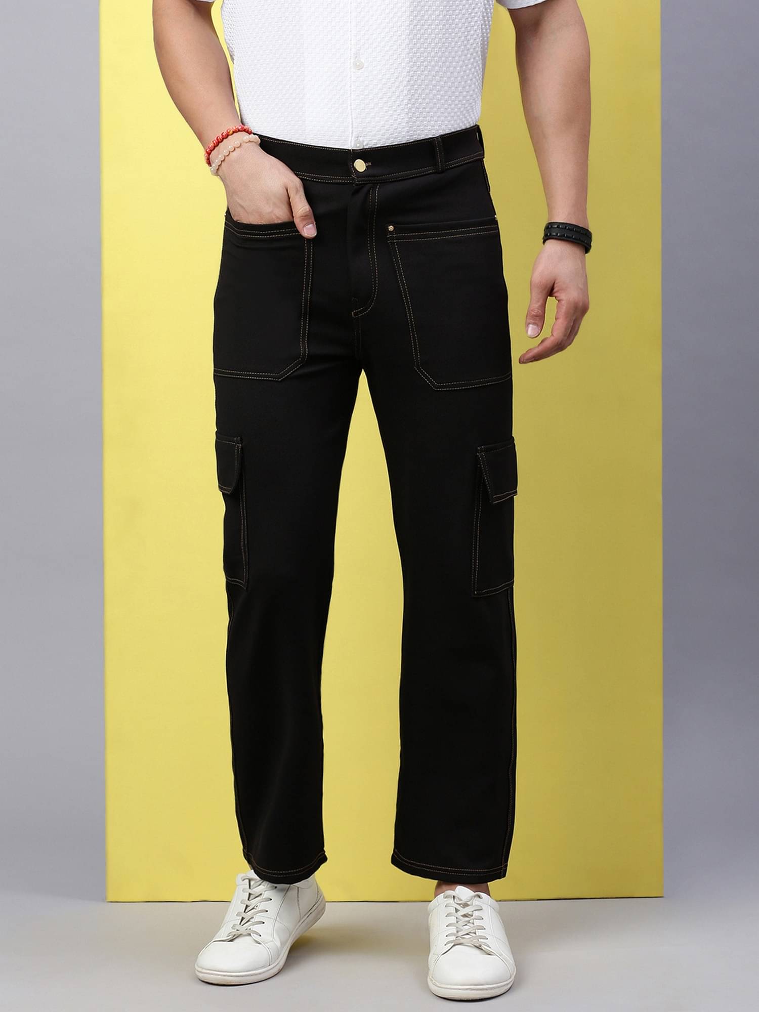     			VOXATI Regular Flat Men's Cargos - Black ( Pack of 1 )