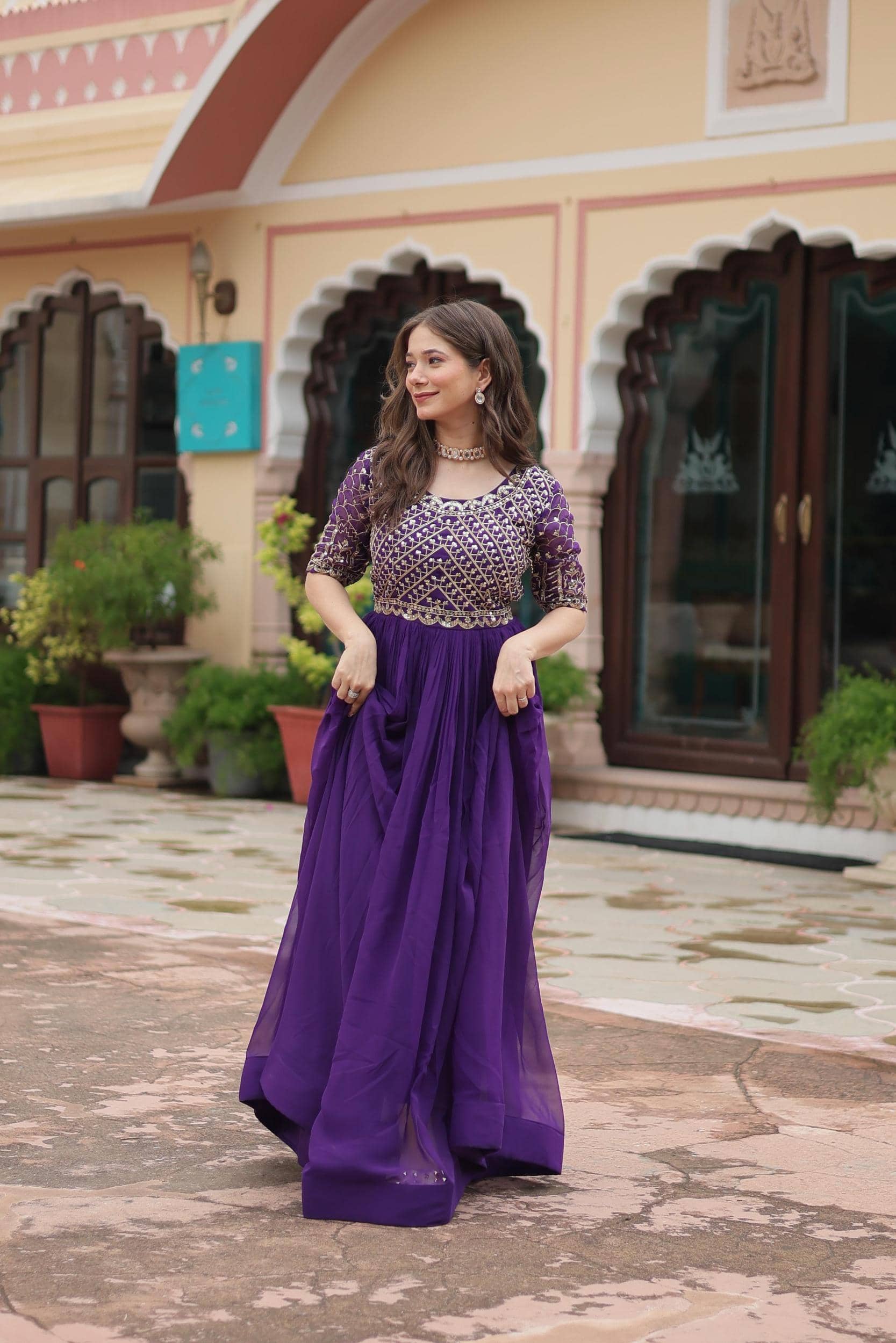 aplix Purple Flared Georgette Women's Stitched Ethnic Gown ( Pack of 1 ) - Unstitched Fabrics | Buy online on ZillyBuy