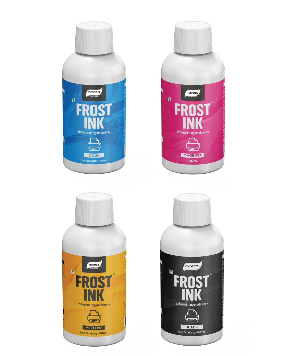     			mavee's Frost Ink - Pack of 4 (C,M,Y,B) Premium Edible Solutions, 4x100ml 400 g
