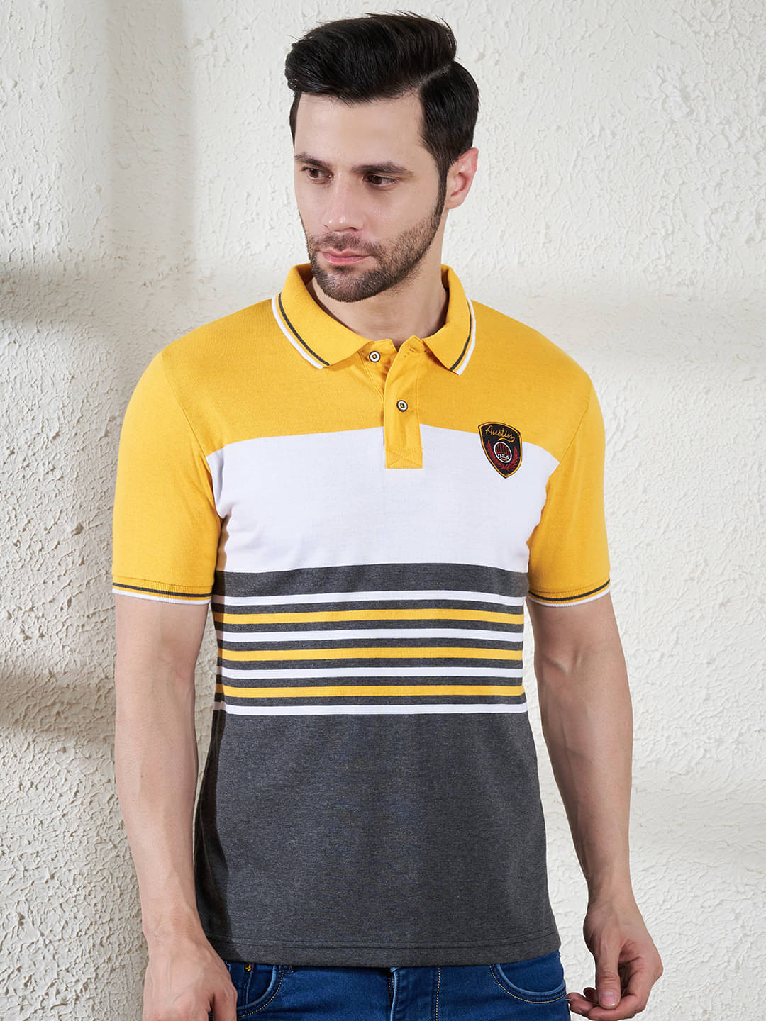     			AUSTIN WOOD Pack of 1 Cotton Blend Regular Fit Striped Half Sleeves Men's Polo T Shirt ( Yellow )