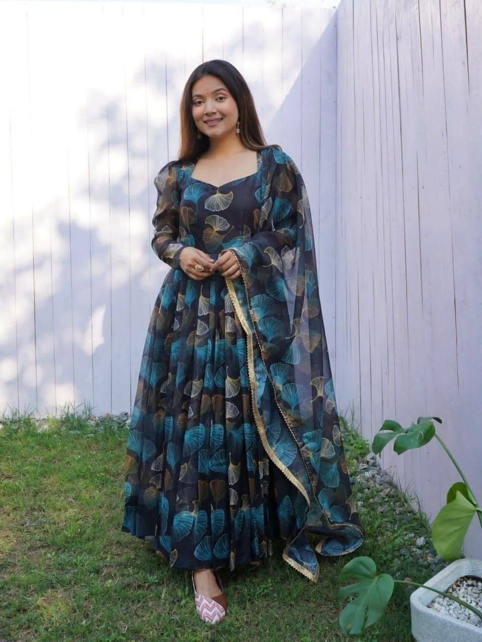 BHAGVATI ENTERPRISE Blue A-line Georgette Women's Stitched Ethnic Gown ( Pack of 1 )     			BHAGVATI ENTERPRISE Blue A-line Georgette Women's Stitched Ethnic Gown ( Pack of 1 )