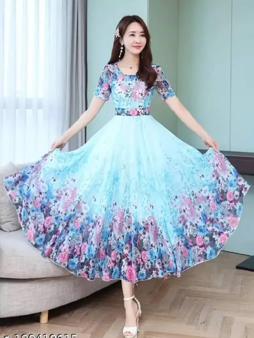 BHAGVATI ENTERPRISE Blue Flared Georgette Women's Stitched Ethnic Gown ( Pack of 1 ) - Unstitched Fabrics | Buy online on ZillyBuy