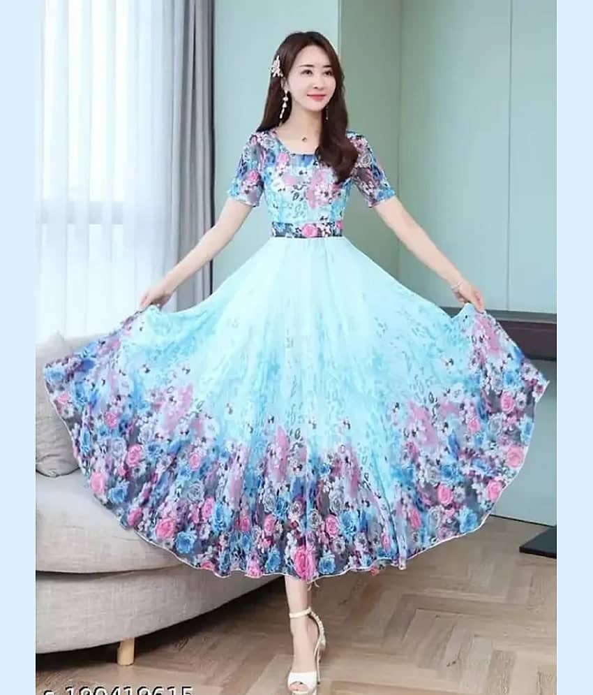 BHAGVATI ENTERPRISE Blue Flared Georgette Women's Stitched Ethnic Gown ( Pack of 1 ) - Unstitched Fabrics | Buy online on ZillyBuy
