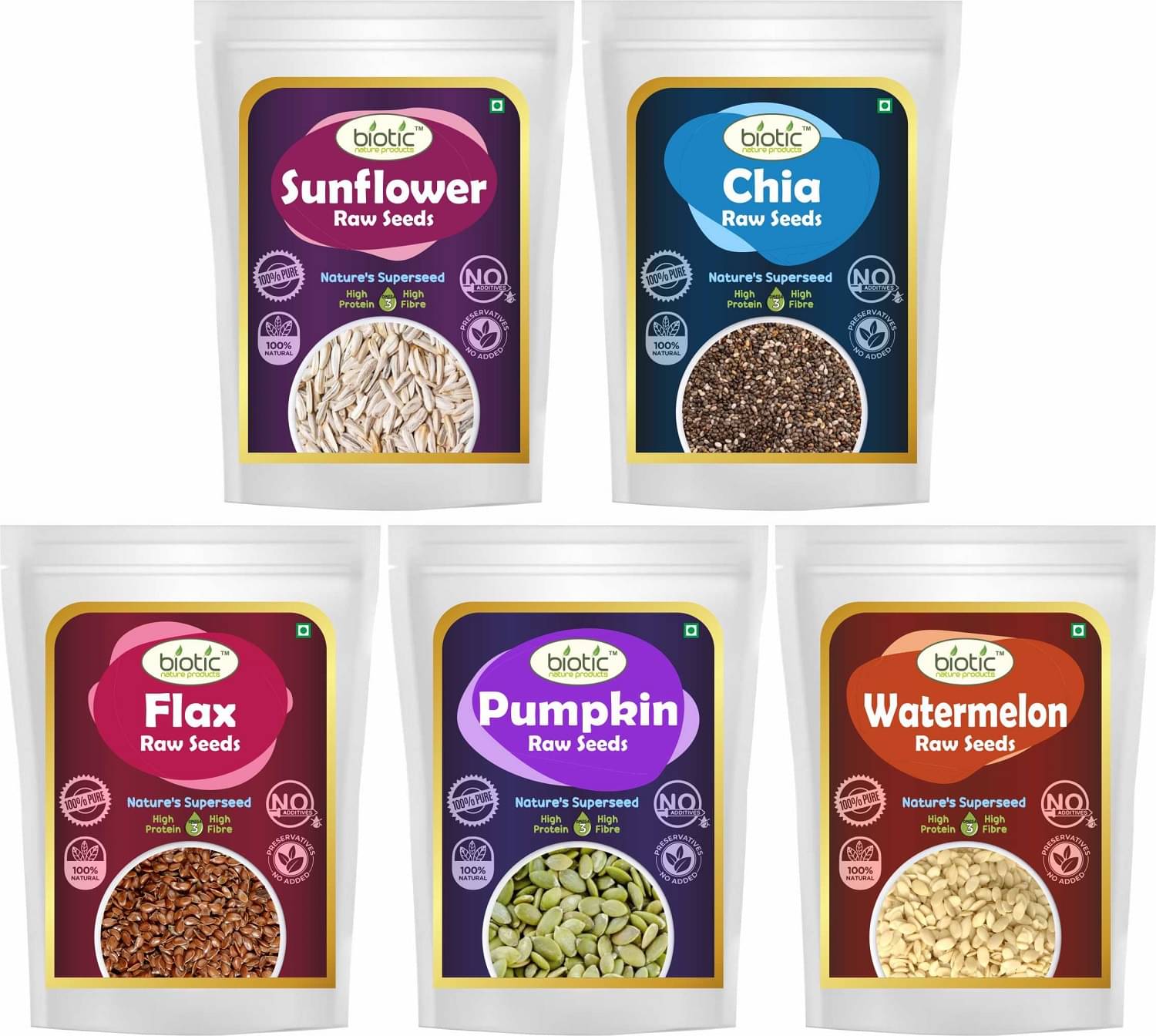 Biotic Healthy Raw Sunflower Chia Flax Pumpkin & Watermelon Seeds (100g each) 500 gm     			Biotic Healthy Raw Sunflower Chia Flax Pumpkin & Watermelon Seeds (100g each) 500 gm