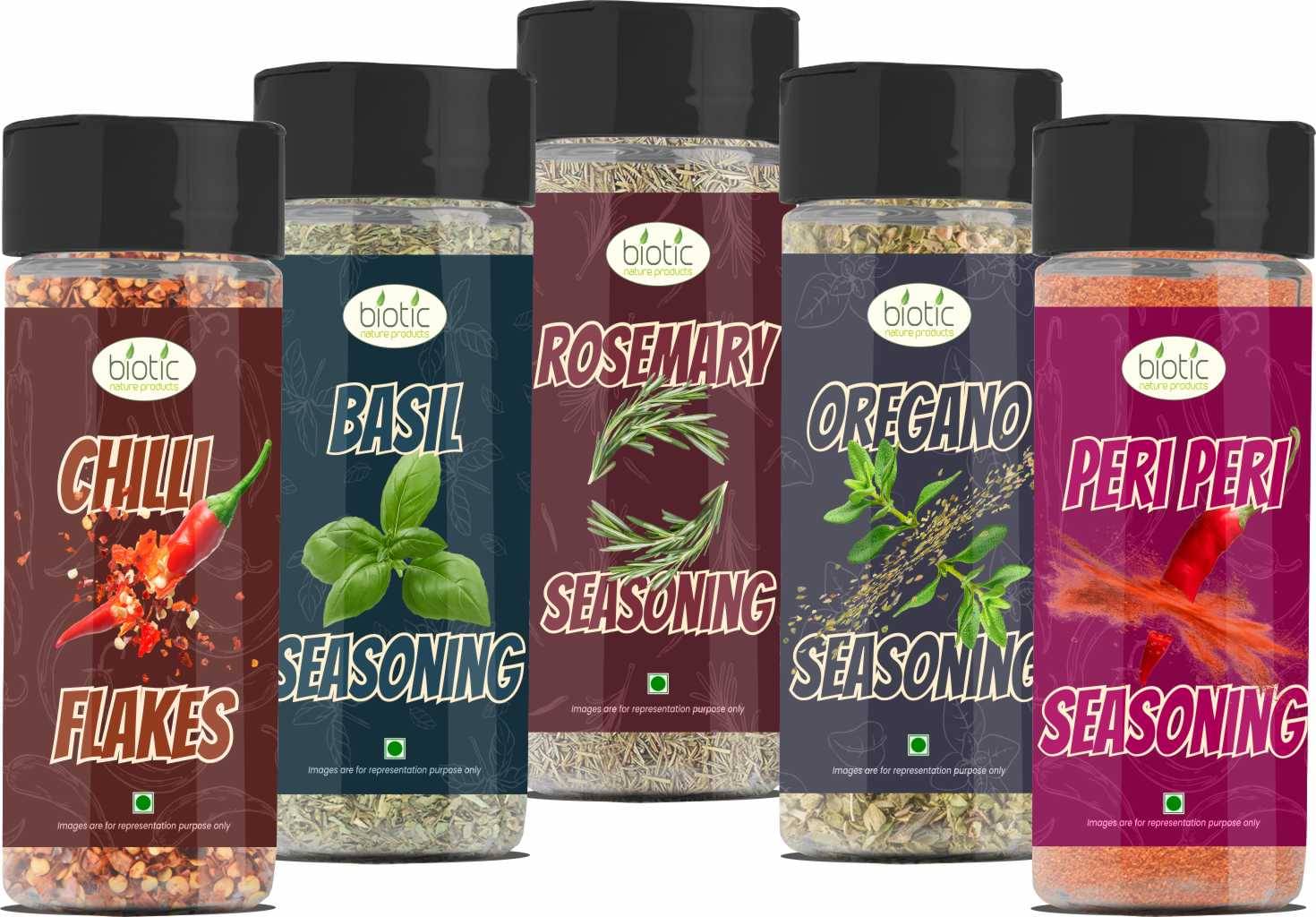     			Biotic Oregano 45g, Chilli Flakes 50g, Basil 40g, Rosemary 30g, Peri Peri 60g 225 gm