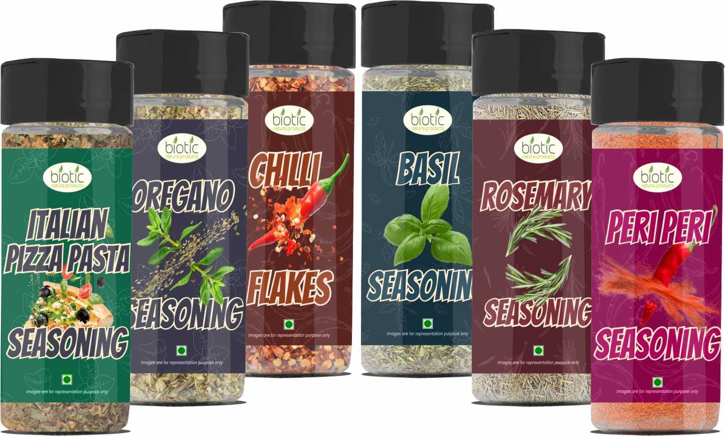     			Biotic Oregano, Chilli Flakes, Basil, Rosemary, Peri Peri & Pizza Seasoning 285 gm