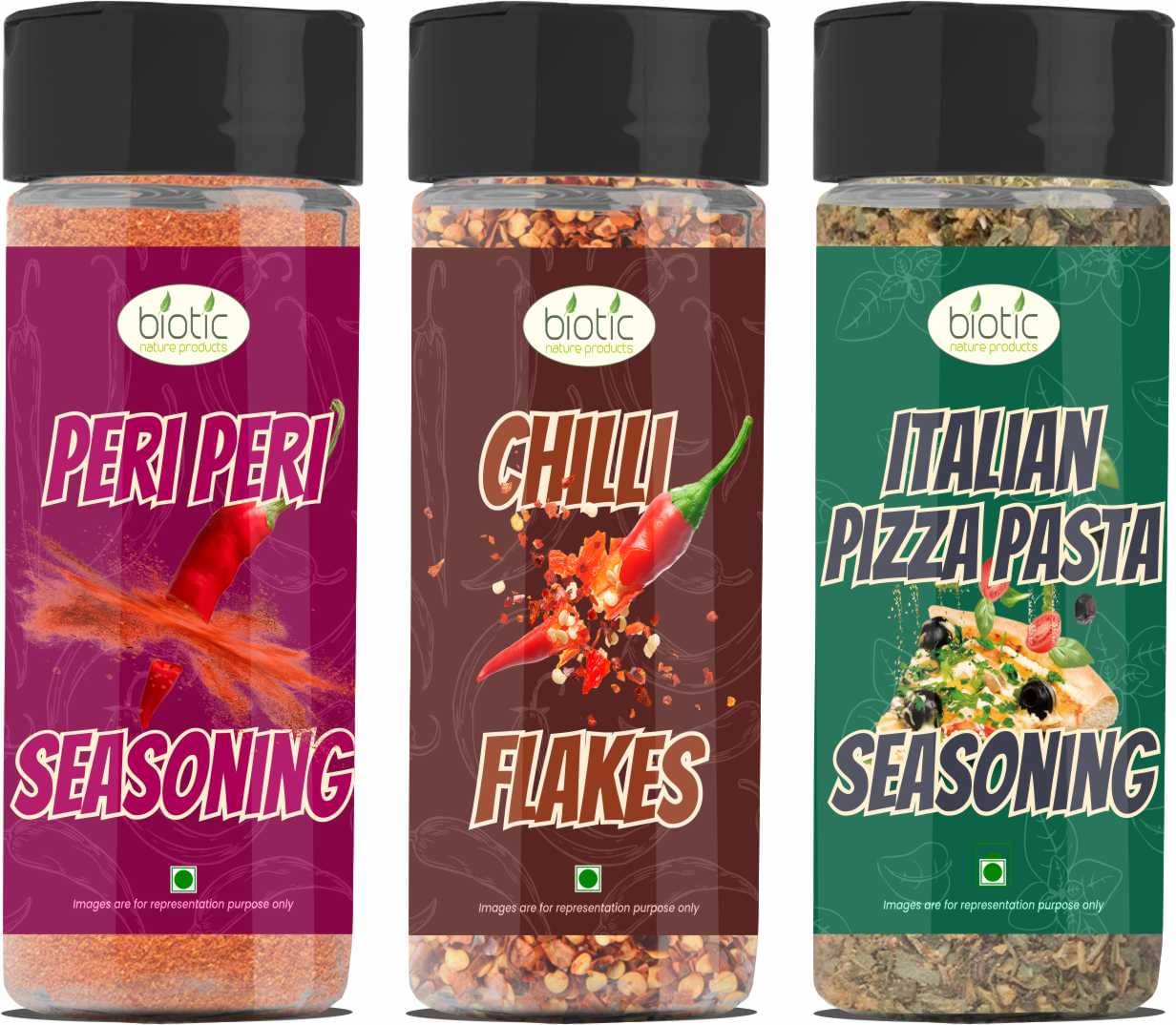 Biotic Peri Peri 60g Chilli Flakes 50g Pizza Seasoning 60g Mixed Herbs Combo 170 gm Biotic Peri Peri 60g Chilli Flakes 50g Pizza Seasoning 60g Mixed Herbs Combo 170 gm