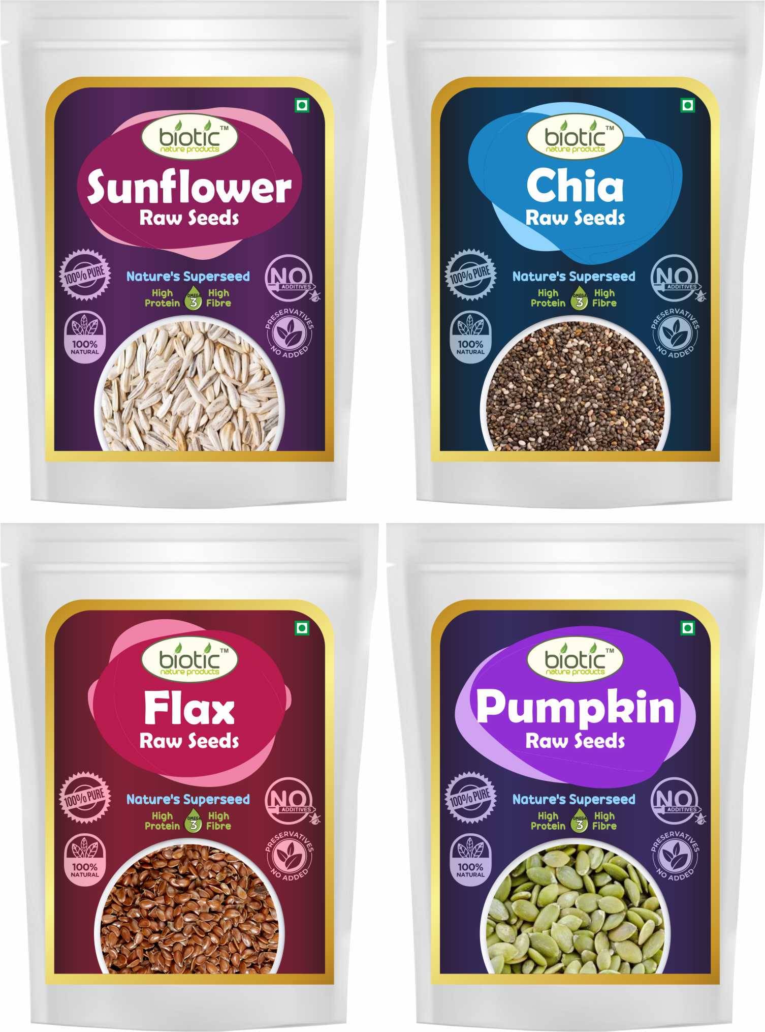 Biotic Sunflower Chia Flax & Pumpkin Seeds combo pack for Eating (100g each) 300 gm Biotic Sunflower Chia Flax & Pumpkin Seeds combo pack for Eating (100g each) 300 gm